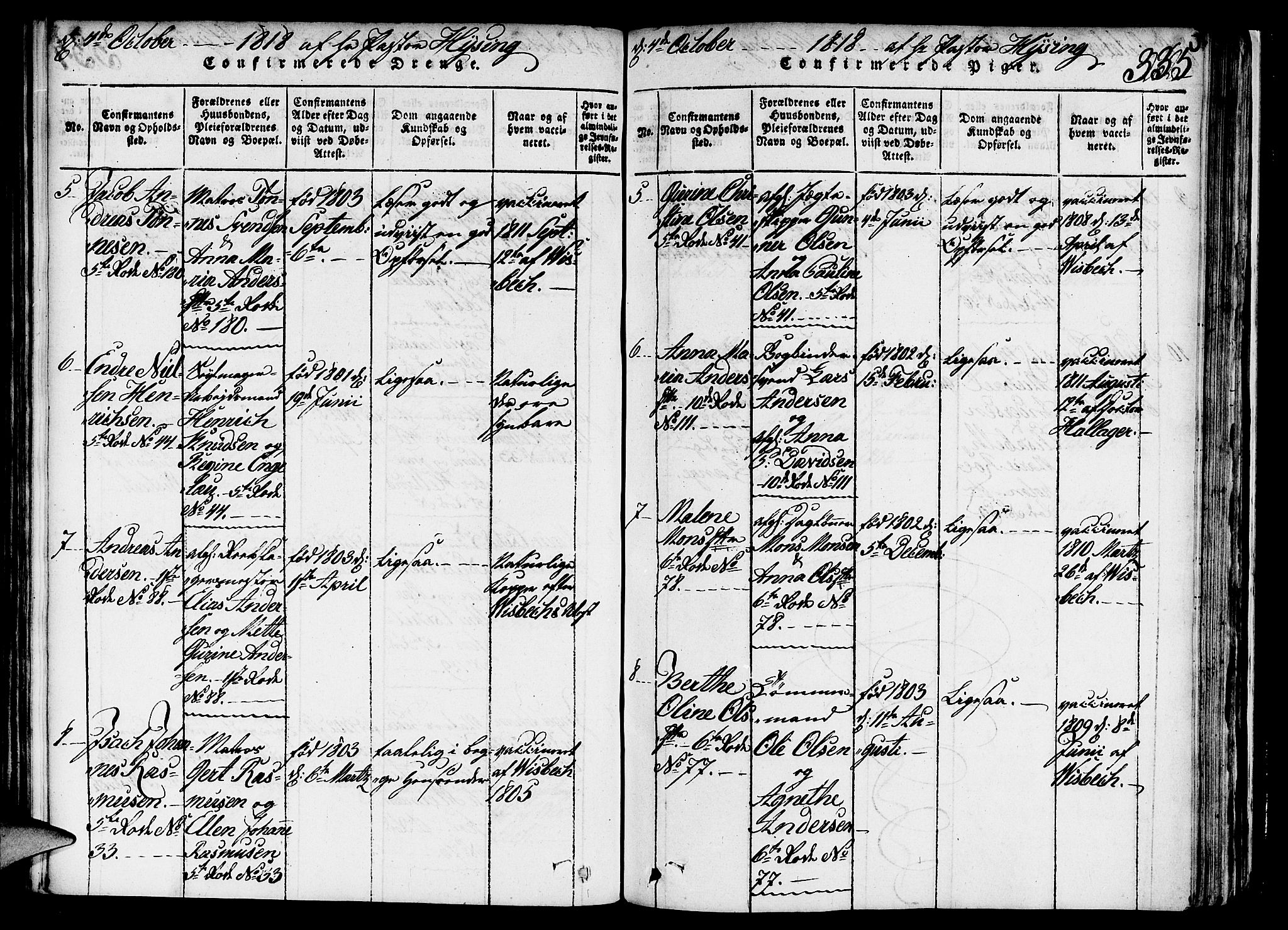 Nykirken Sokneprestembete, SAB/A-77101/H/Haa/L0011: Parish register (official) no. A 11, 1816-1821, p. 335