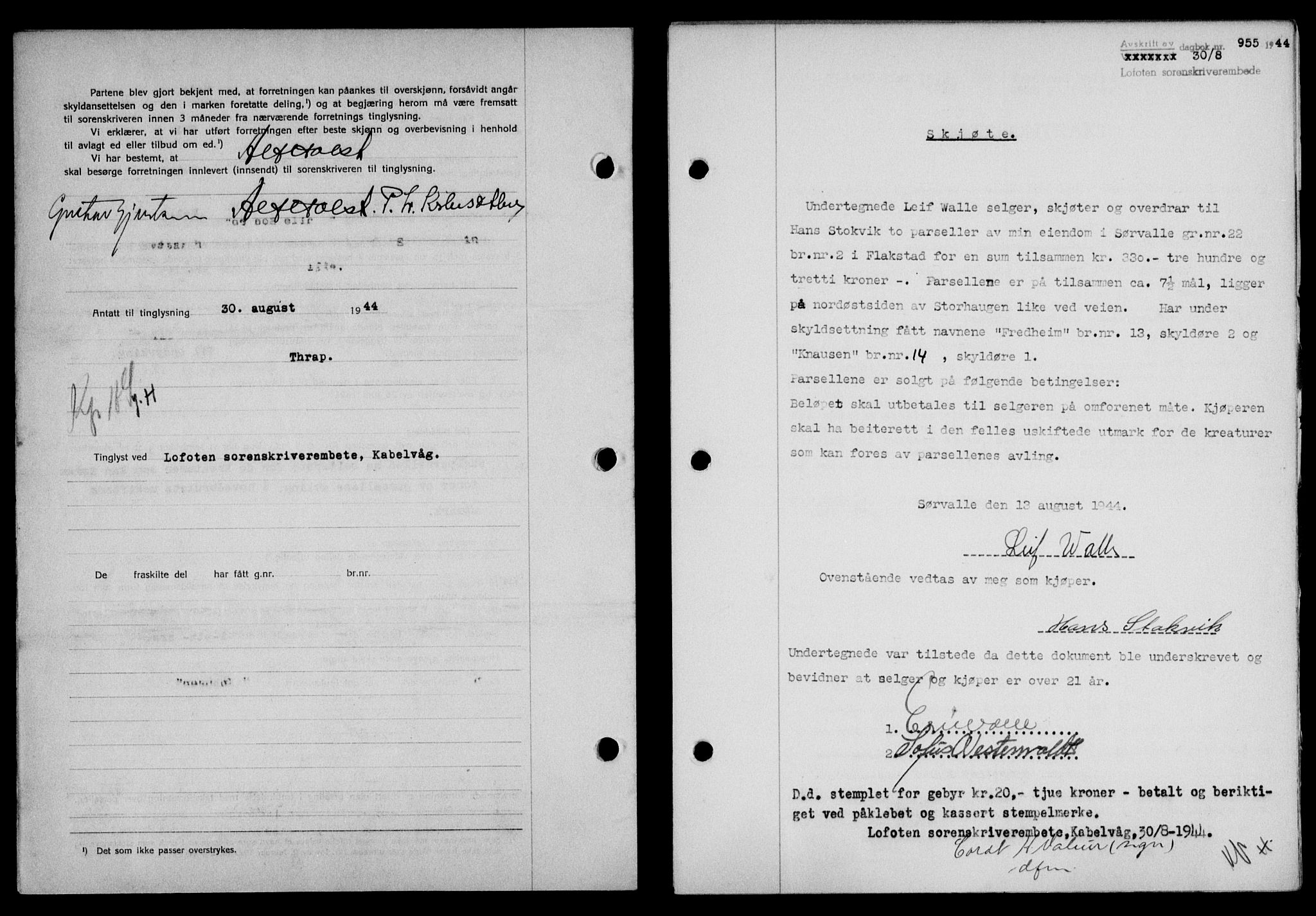 Lofoten sorenskriveri, SAT/A-0017/1/2/2C/L0012a: Mortgage book no. 12a, 1943-1944, Diary no: : 955/1944