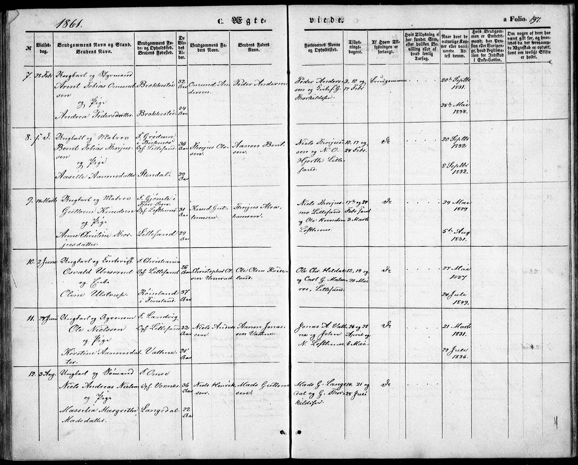 Vestre Moland sokneprestkontor, AV/SAK-1111-0046/F/Fb/Fbb/L0003: Parish register (copy) no. B 3, 1851-1861, p. 197