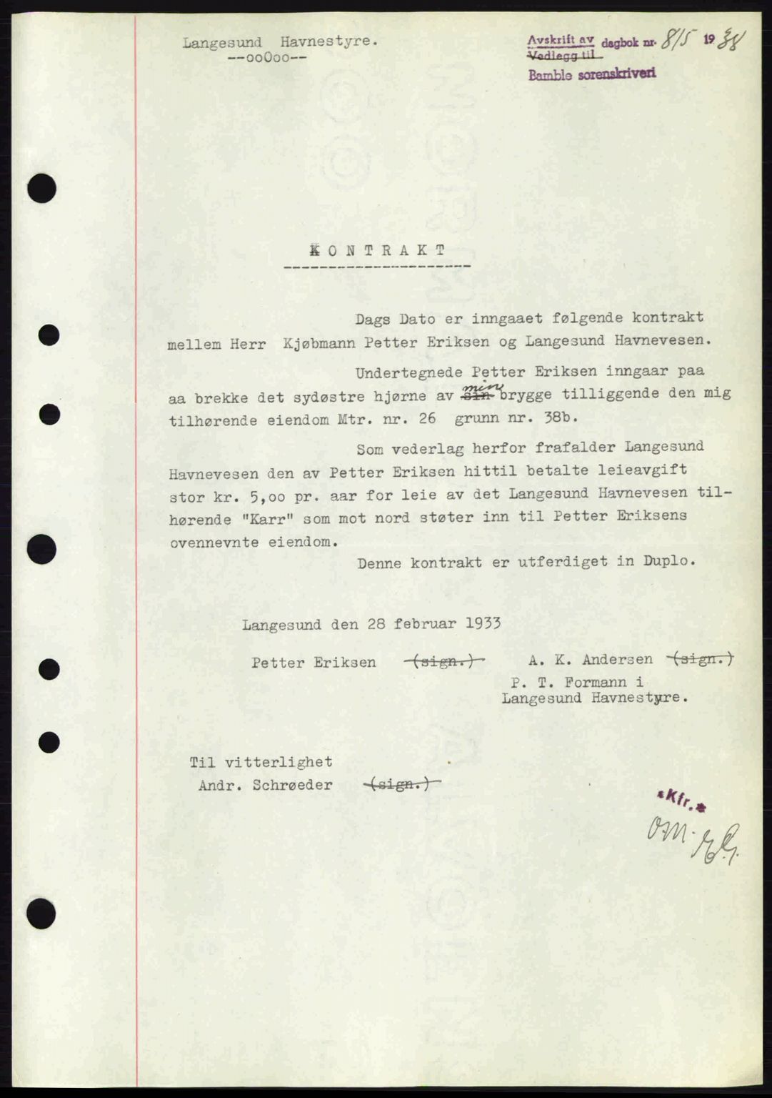 Bamble sorenskriveri, AV/SAKO-A-214/G/Ga/Gag/L0002: Mortgage book no. A-2, 1937-1938, Diary no: : 815/1938