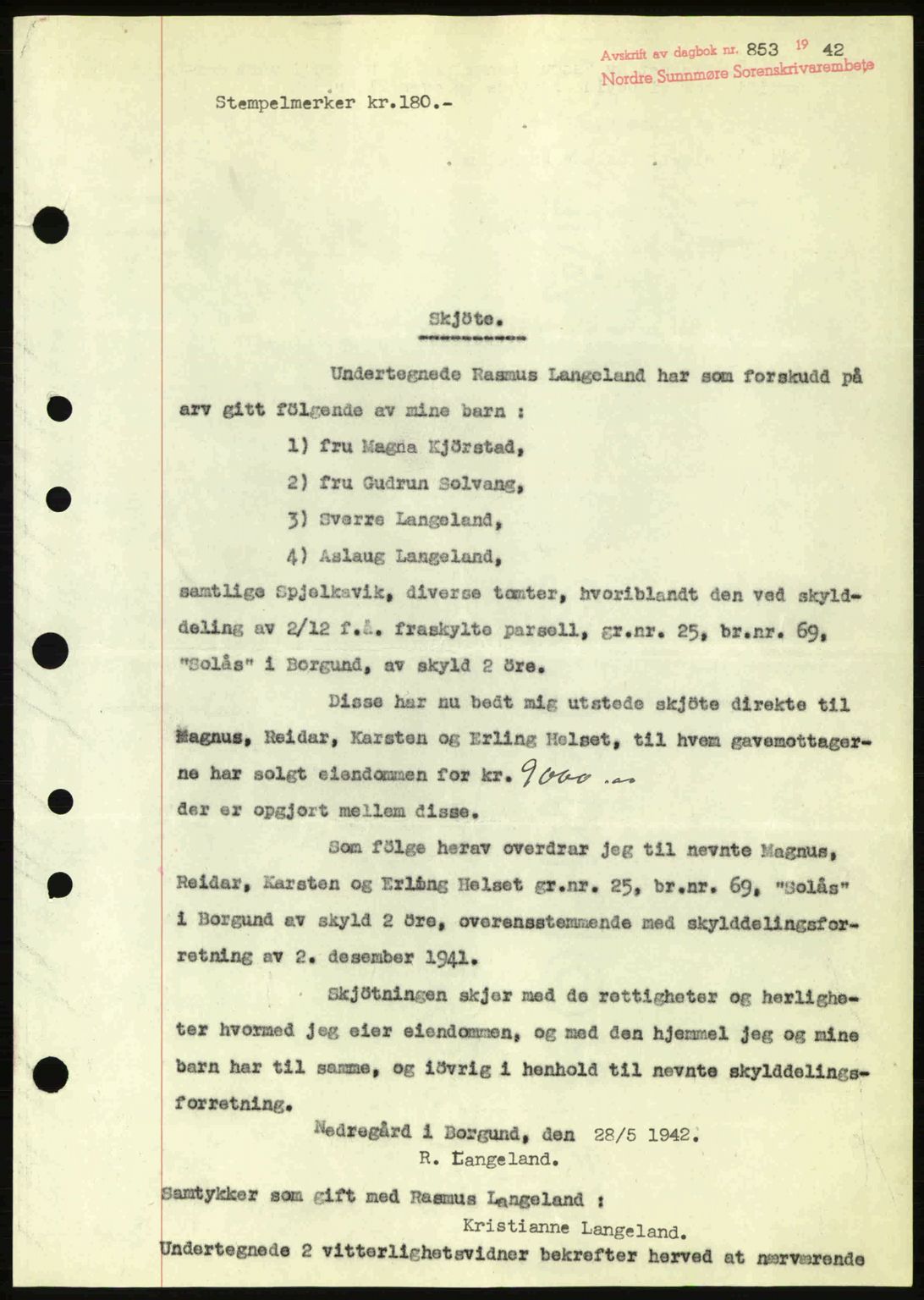 Nordre Sunnmøre sorenskriveri, AV/SAT-A-0006/1/2/2C/2Ca: Mortgage book no. A13, 1942-1942, Diary no: : 853/1942