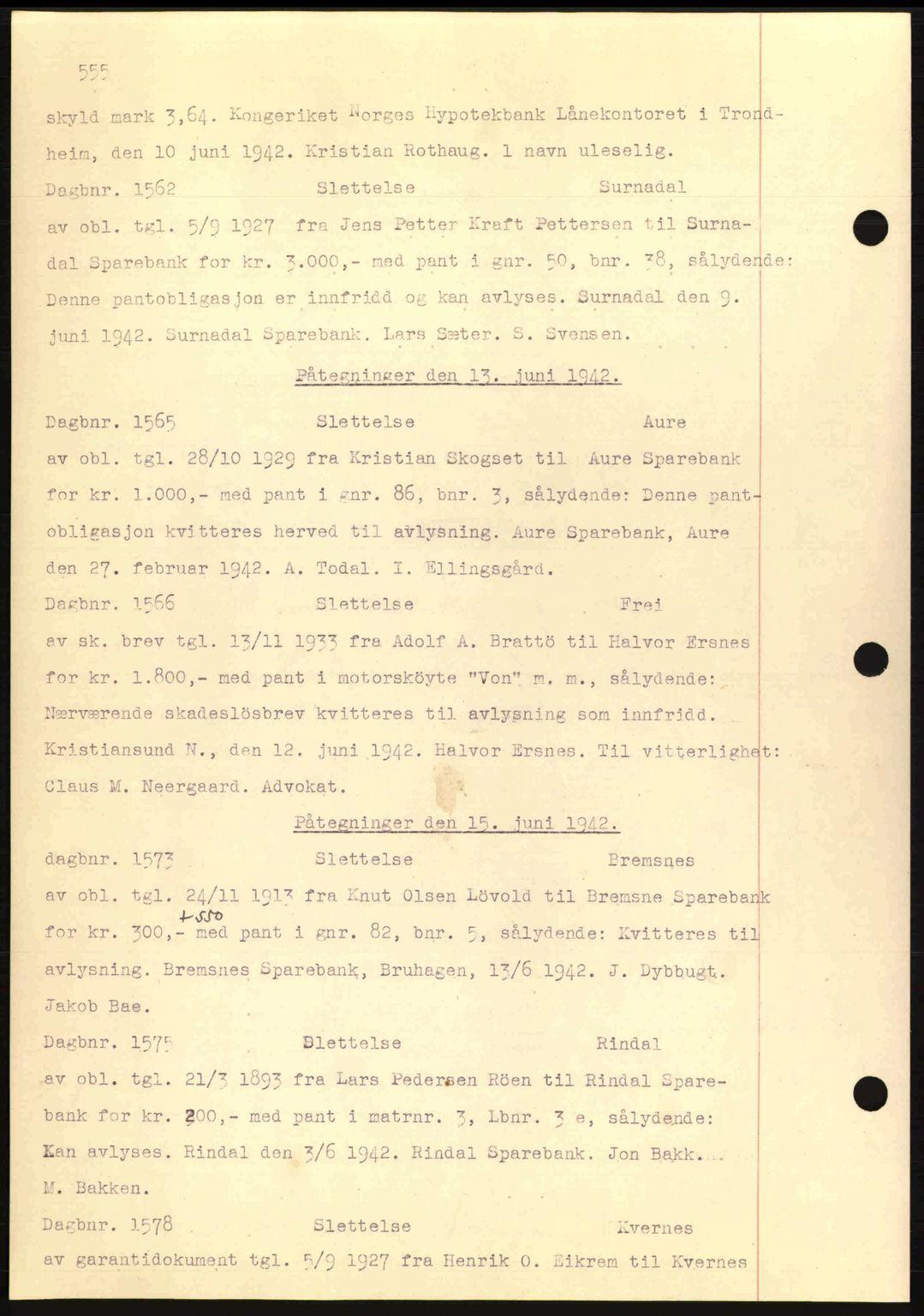 Nordmøre sorenskriveri, AV/SAT-A-4132/1/2/2Ca: Mortgage book no. C81, 1940-1945, Diary no: : 1562/1942