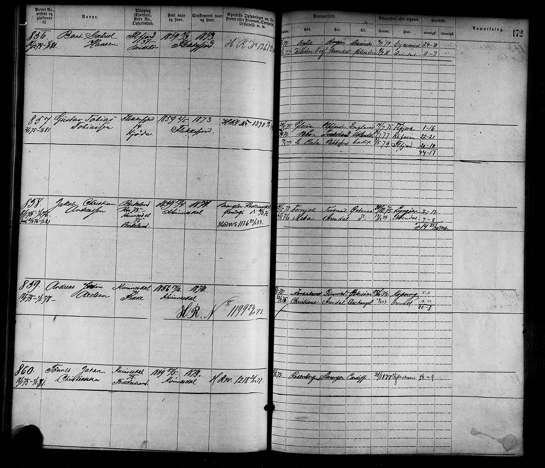 Flekkefjord mønstringskrets, SAK/2031-0018/F/Fa/L0002: Annotasjonsrulle nr 1-1920 med register, N-2, 1870-1891, p. 197