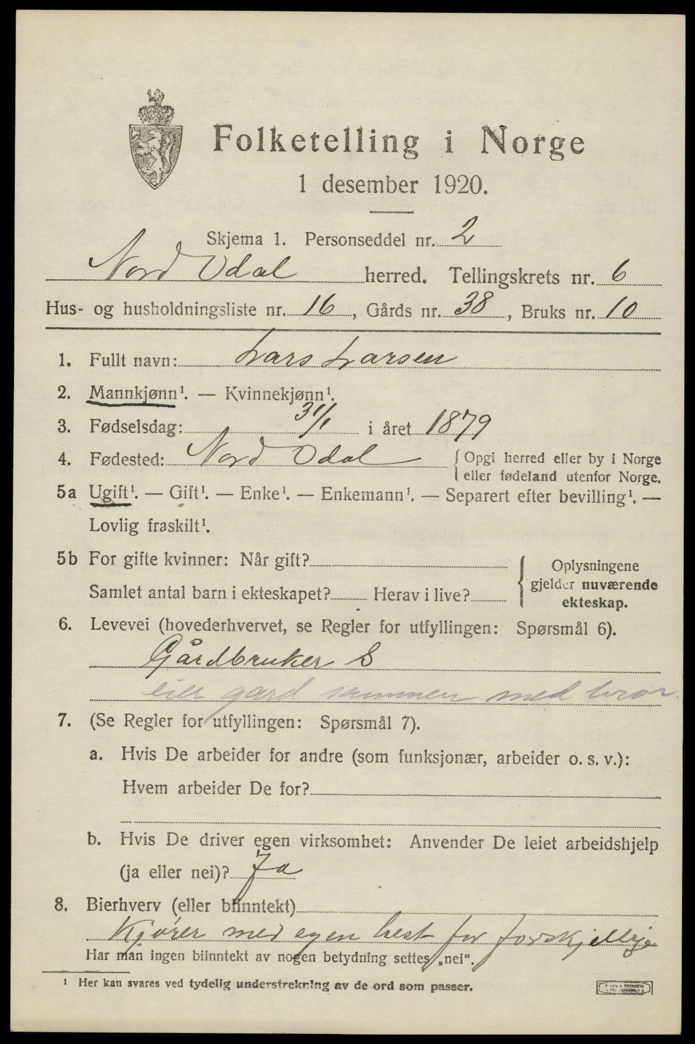 SAH, 1920 census for Nord-Odal, 1920, p. 6789