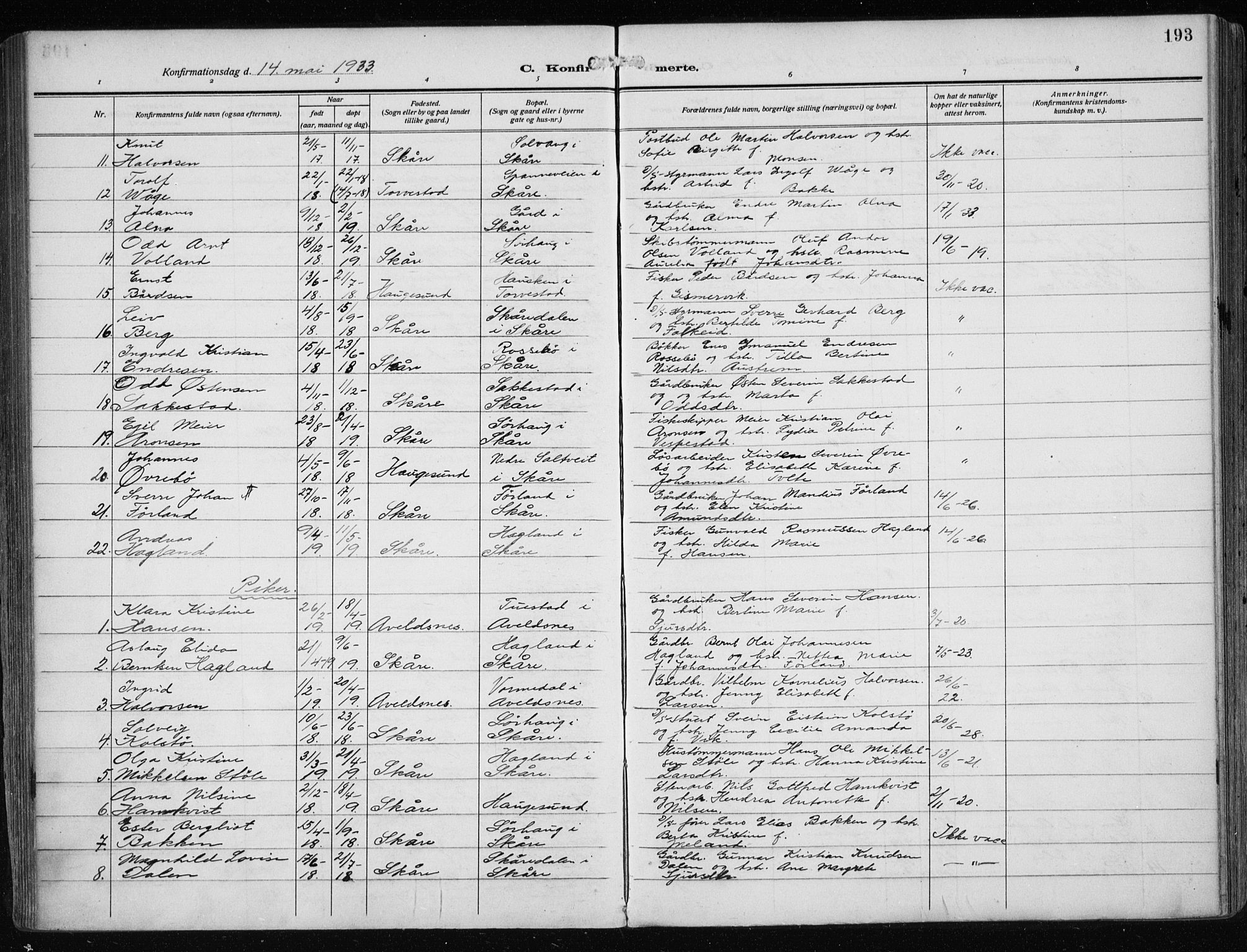 Haugesund sokneprestkontor, AV/SAST-A -101863/H/Ha/Haa/L0010: Parish register (official) no. A 10, 1909-1935, p. 193