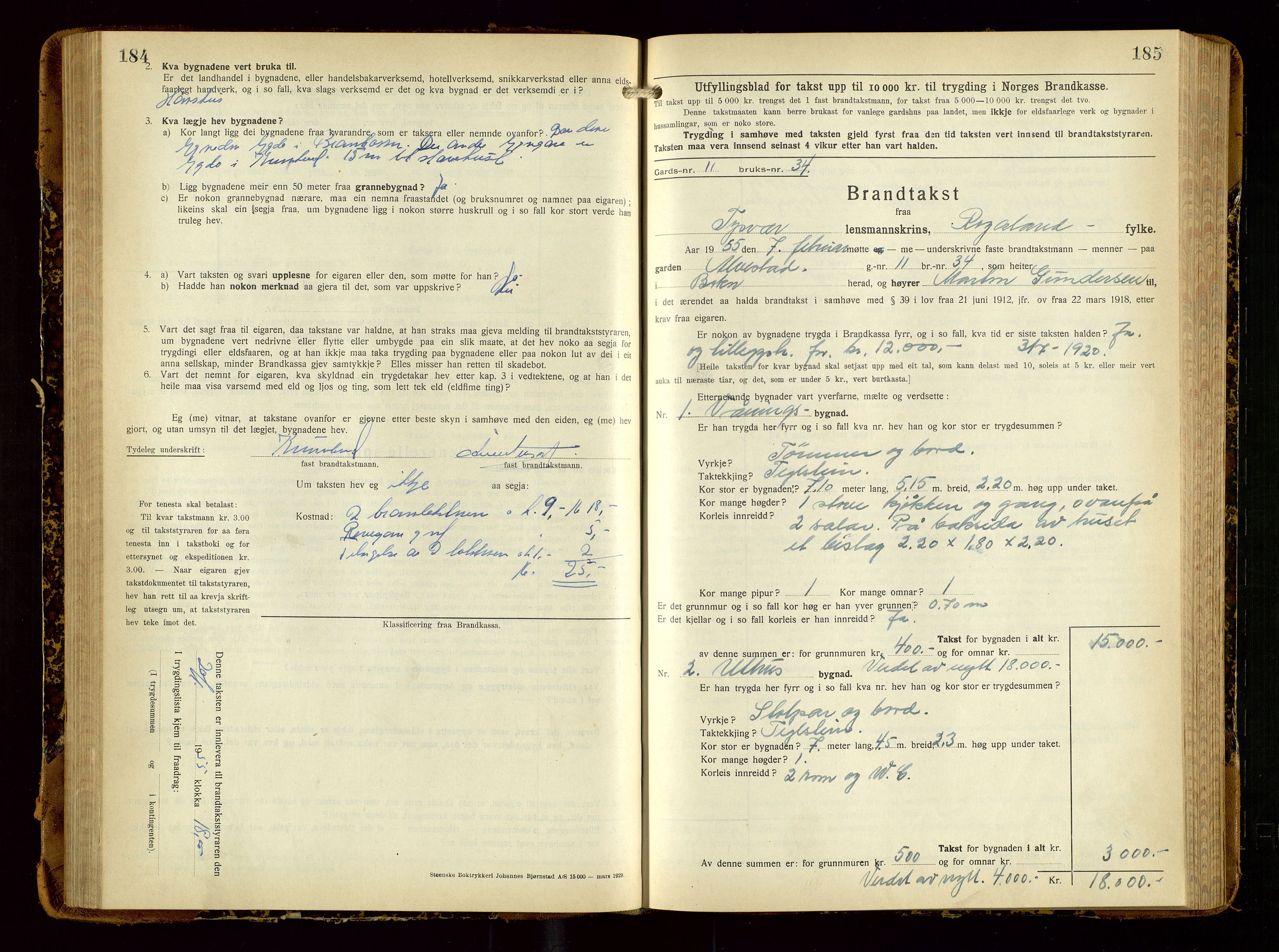 Tysvær lensmannskontor, AV/SAST-A-100192/Gob/L0003: "Brandtakstbok for Tysvær lensmannskrins", 1932-1955, p. 184-185