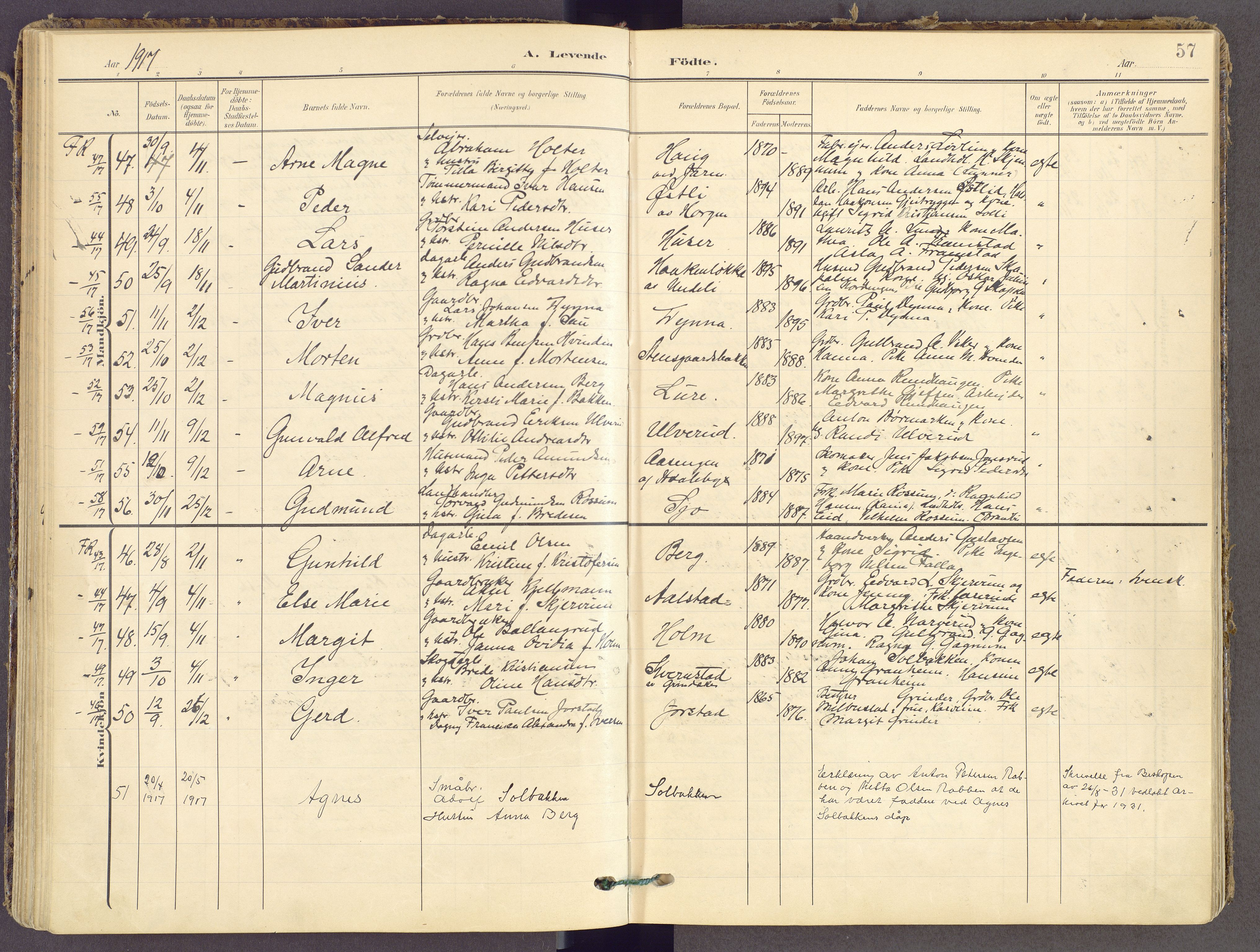 Gran prestekontor, SAH/PREST-112/H/Ha/Haa/L0021: Parish register (official) no. 21, 1908-1932, p. 57