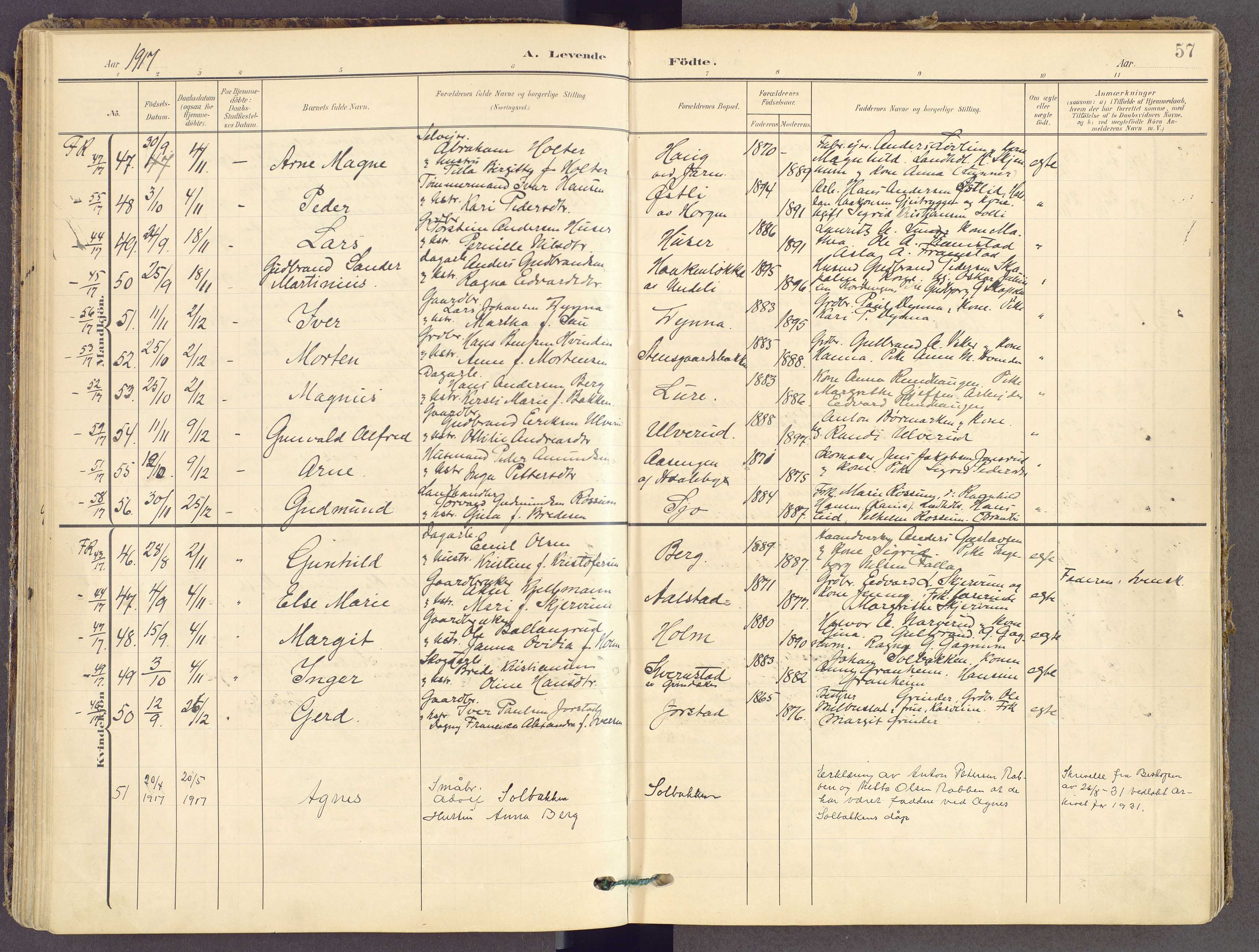 Gran prestekontor, AV/SAH-PREST-112/H/Ha/Haa/L0021: Parish register (official) no. 21, 1908-1932, p. 57