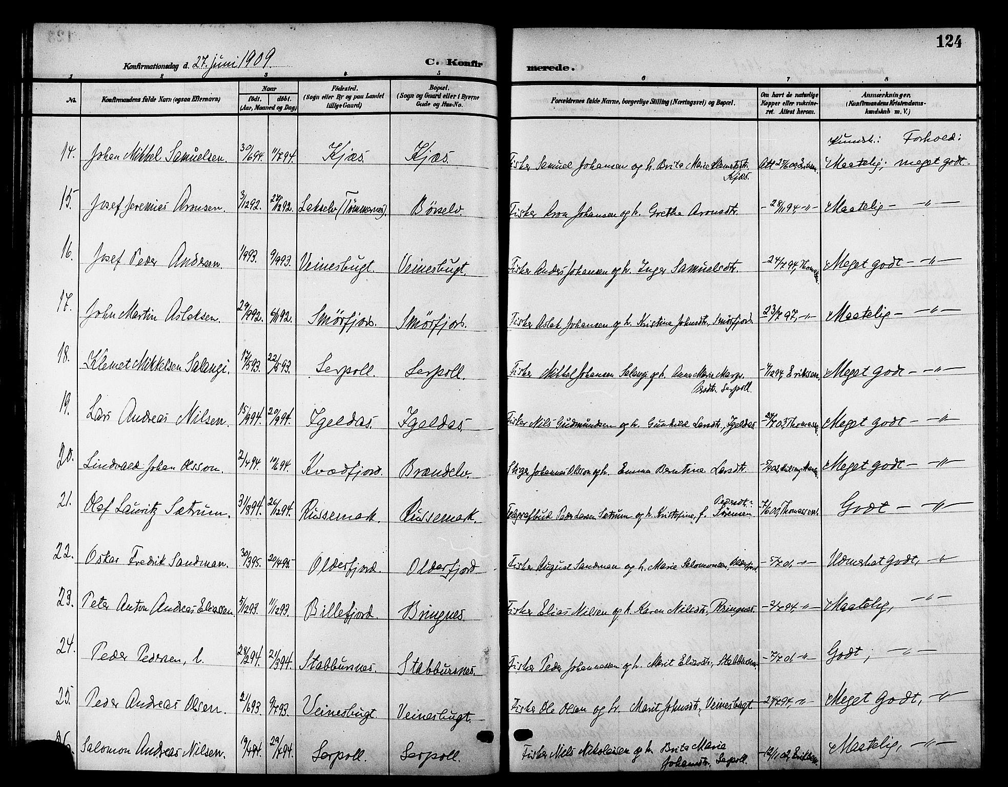Kistrand/Porsanger sokneprestembete, SATØ/S-1351/H/Hb/L0006.klokk: Parish register (copy) no. 6, 1905-1917, p. 124