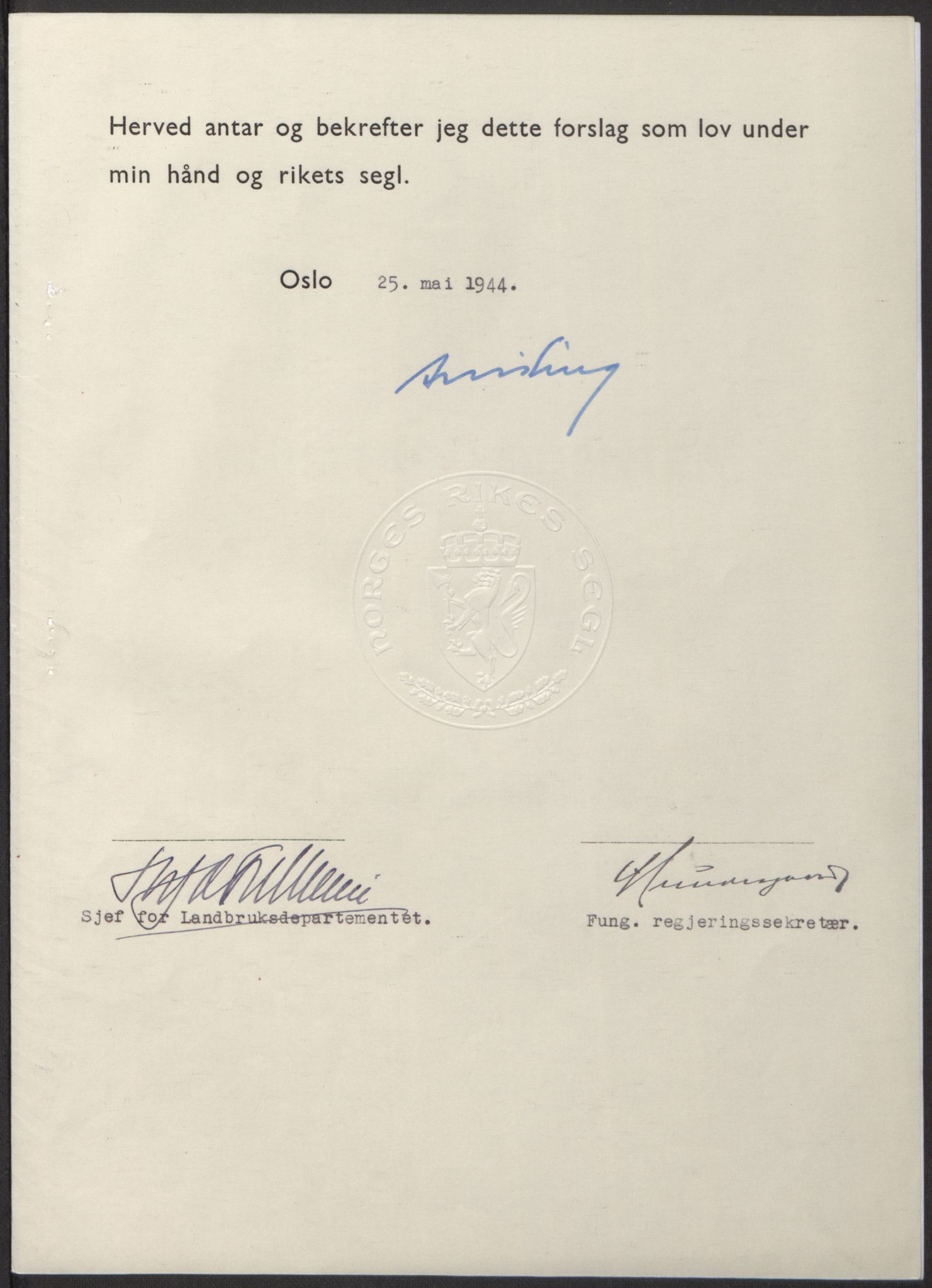 NS-administrasjonen 1940-1945 (Statsrådsekretariatet, de kommisariske statsråder mm), AV/RA-S-4279/D/Db/L0100: Lover, 1944, p. 250