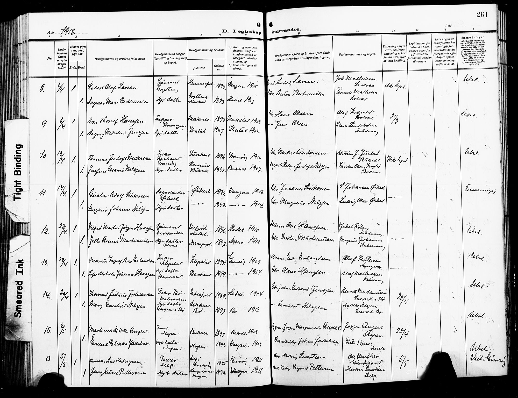 Ministerialprotokoller, klokkerbøker og fødselsregistre - Nordland, SAT/A-1459/874/L1080: Parish register (copy) no. 874C09, 1915-1925, p. 261