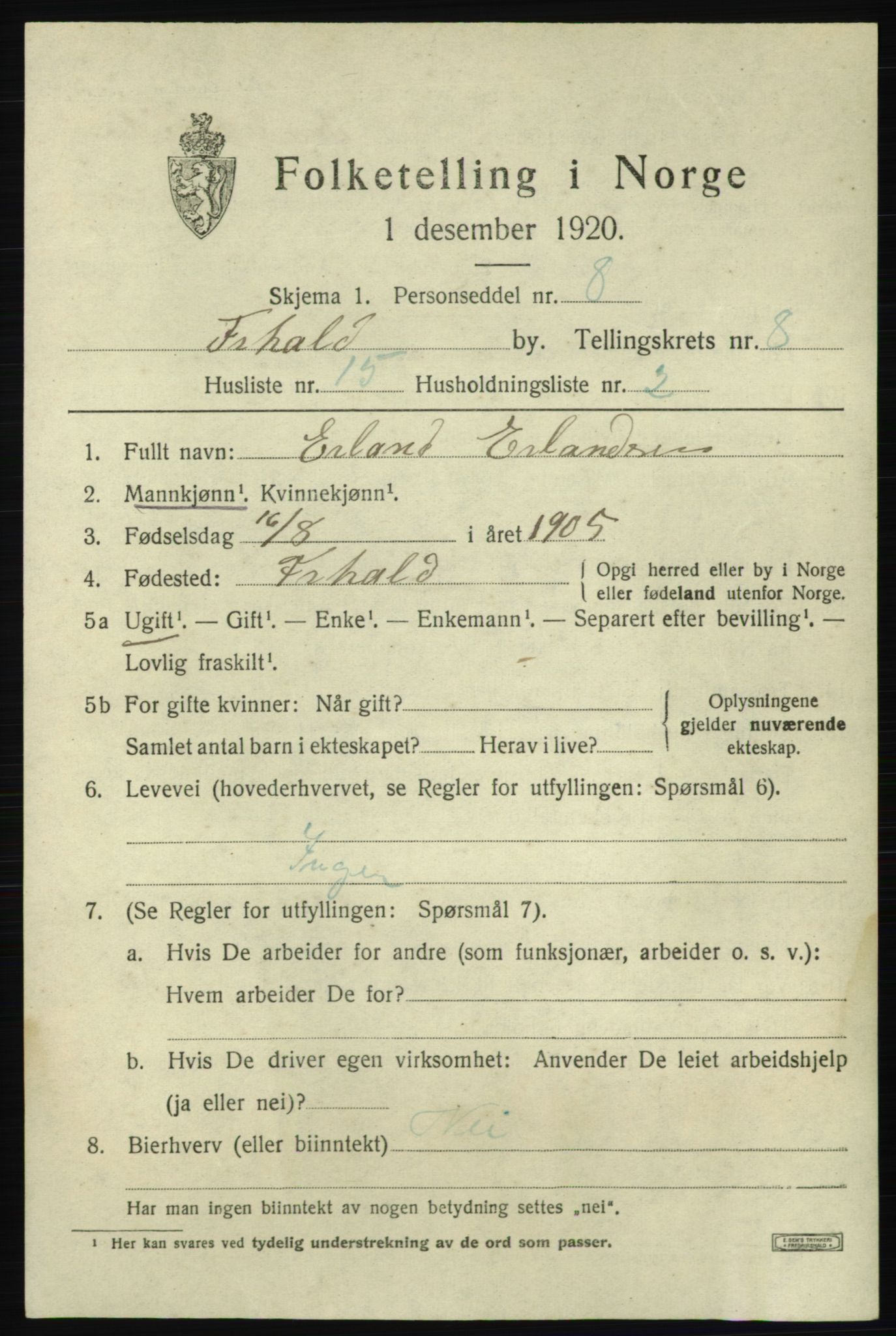 SAO, 1920 census for Fredrikshald, 1920, p. 15043