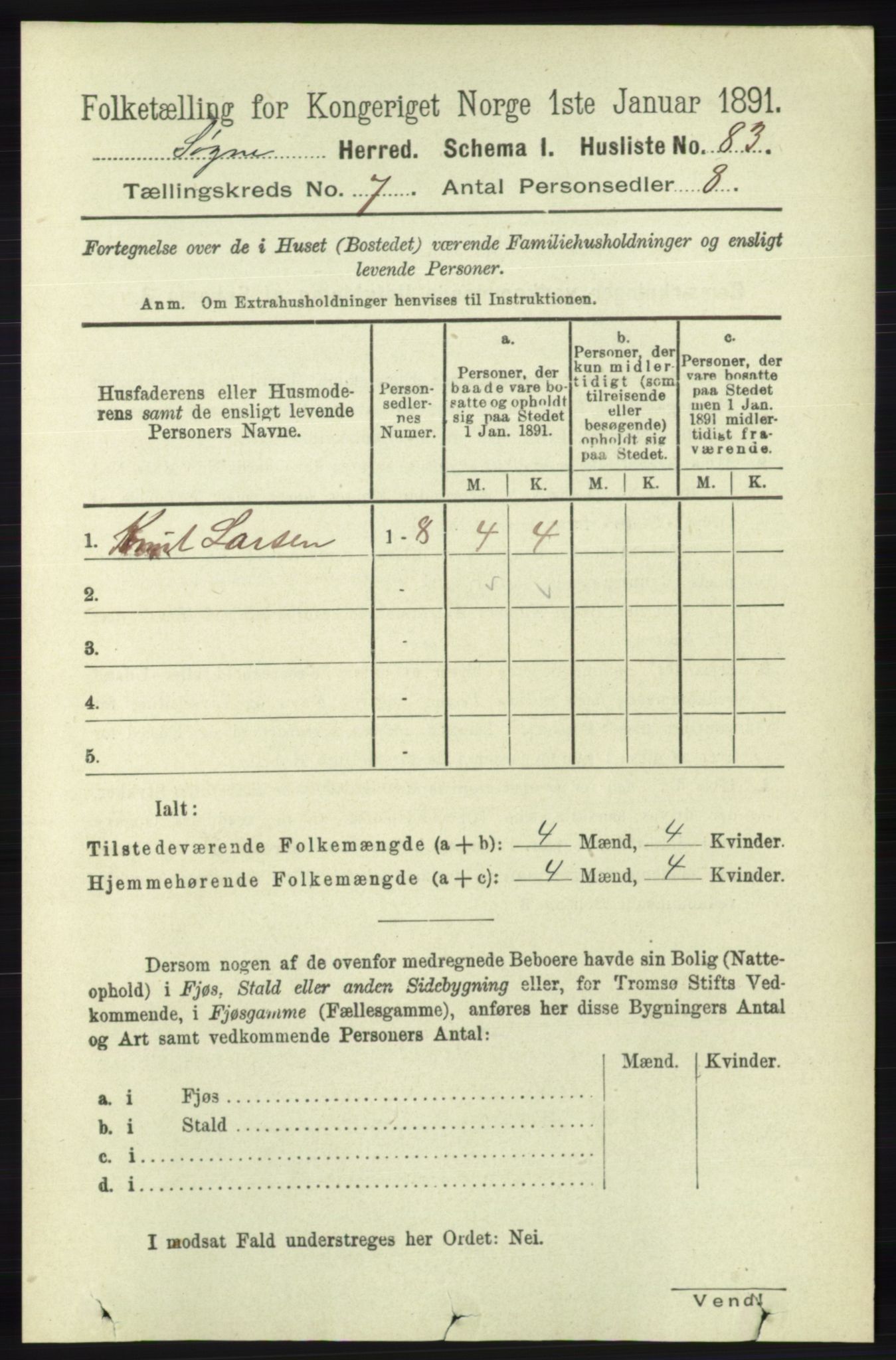 RA, 1891 census for 1018 Søgne, 1891, p. 1506