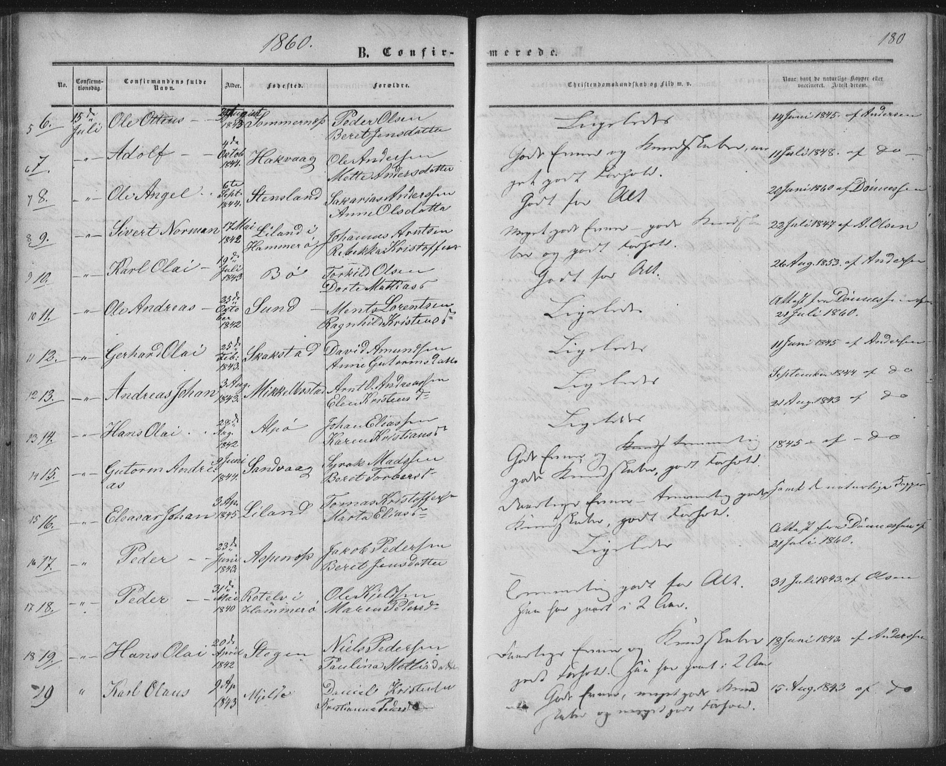 Ministerialprotokoller, klokkerbøker og fødselsregistre - Nordland, AV/SAT-A-1459/855/L0800: Parish register (official) no. 855A08, 1852-1864, p. 180