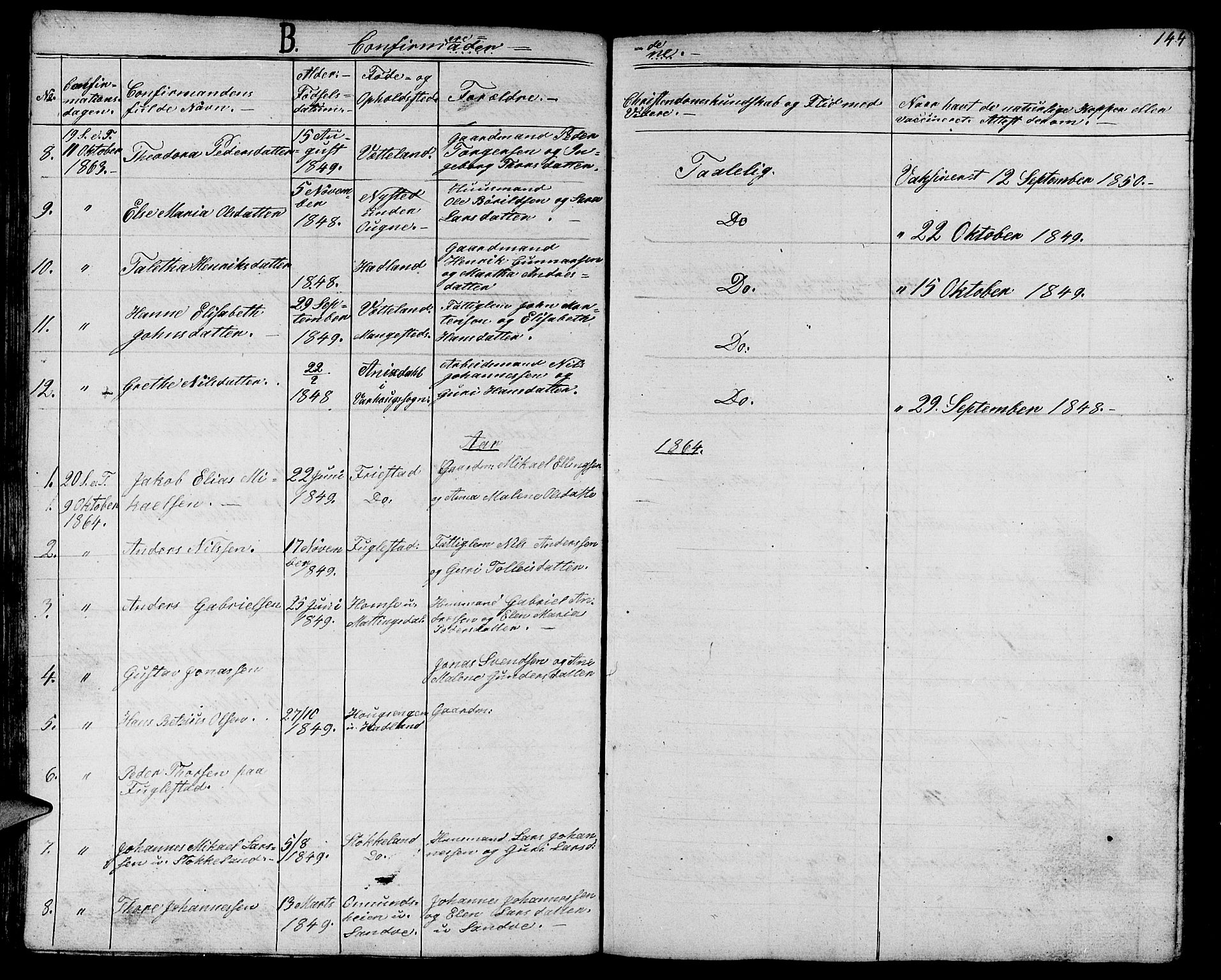 Eigersund sokneprestkontor, AV/SAST-A-101807/S09/L0003: Parish register (copy) no. B 3, 1846-1875, p. 144