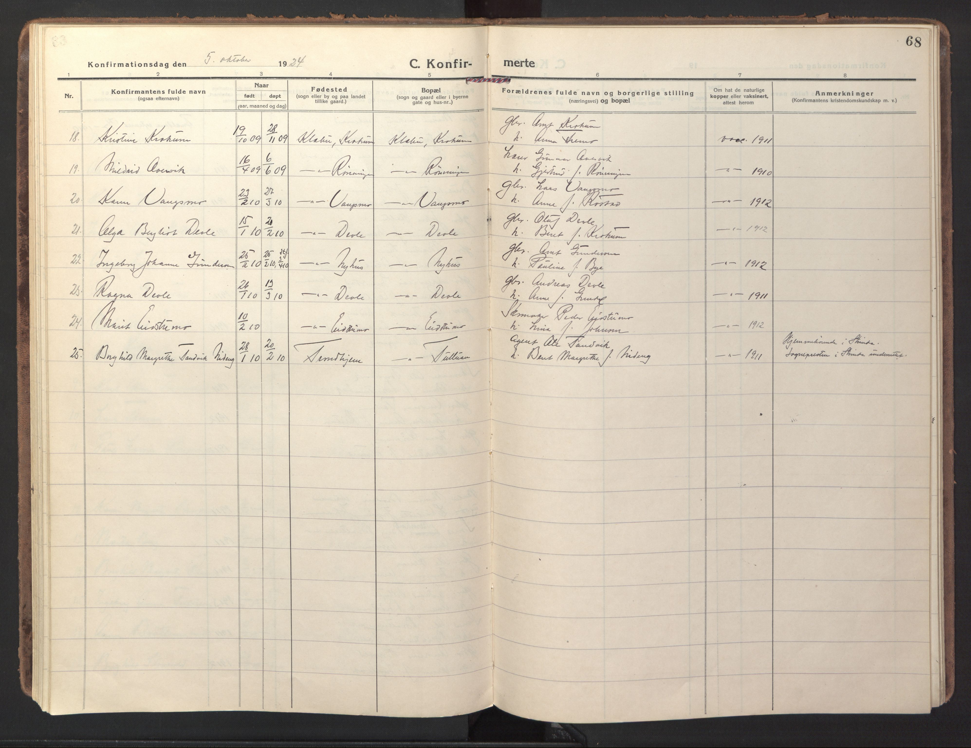 Ministerialprotokoller, klokkerbøker og fødselsregistre - Sør-Trøndelag, SAT/A-1456/618/L0449: Parish register (official) no. 618A12, 1917-1924, p. 68