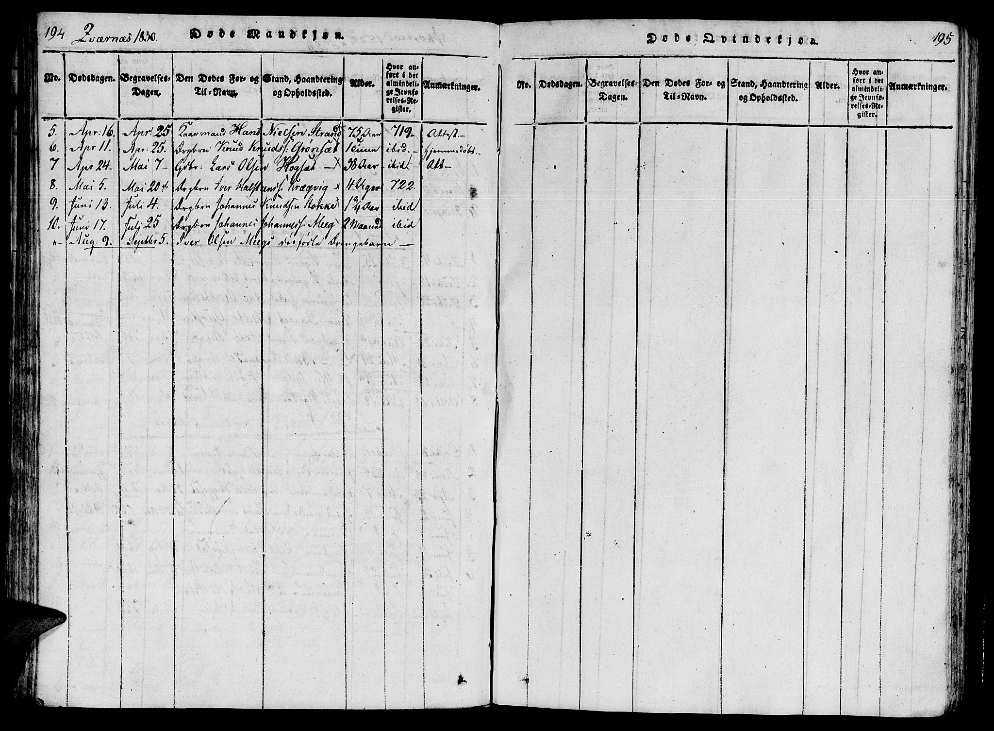 Ministerialprotokoller, klokkerbøker og fødselsregistre - Møre og Romsdal, AV/SAT-A-1454/568/L0800: Parish register (official) no. 568A09 /1, 1819-1830, p. 194-195