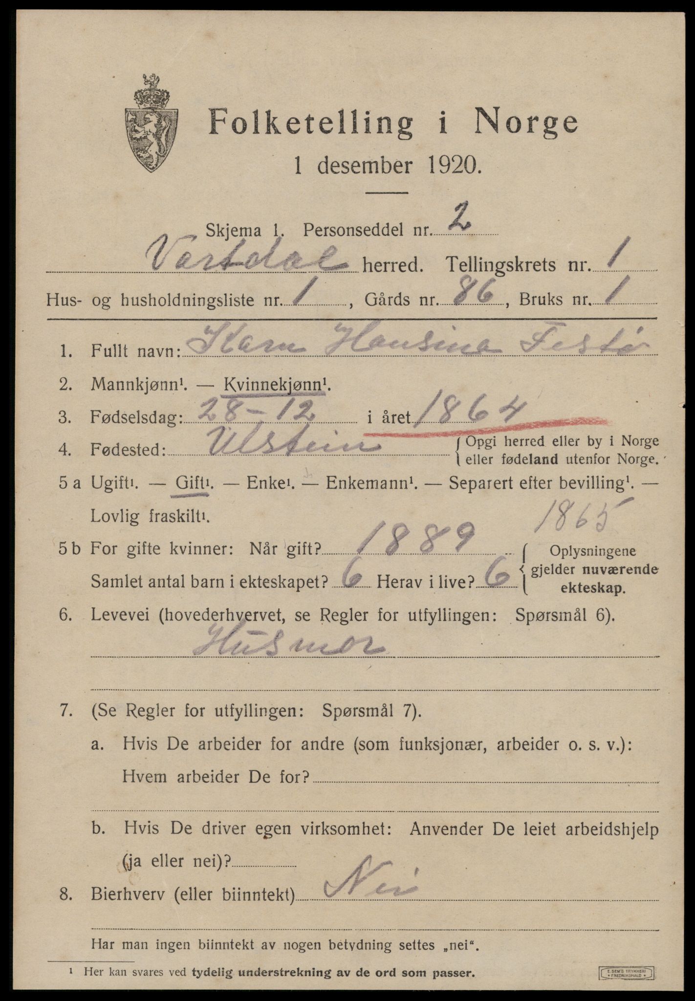 SAT, 1920 census for Vartdal, 1920, p. 275