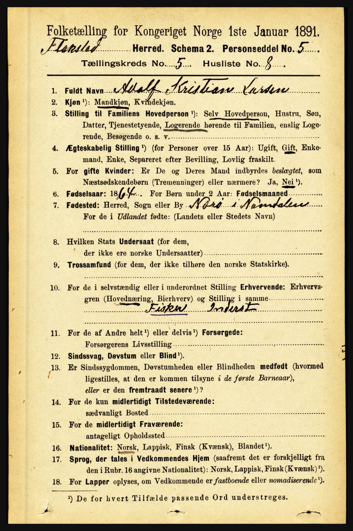 RA, 1891 census for 1859 Flakstad, 1891, p. 2539