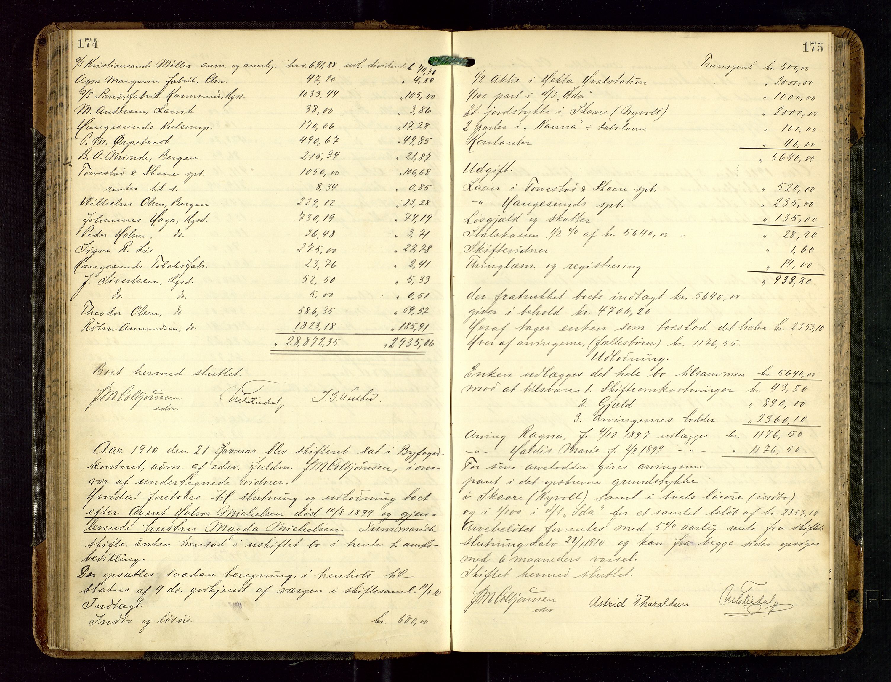 Haugesund tingrett, AV/SAST-A-101415/01/IV/IVD/L0002: Skifteutlodningsprotokoll, med register, 1904-1915, p. 174-175