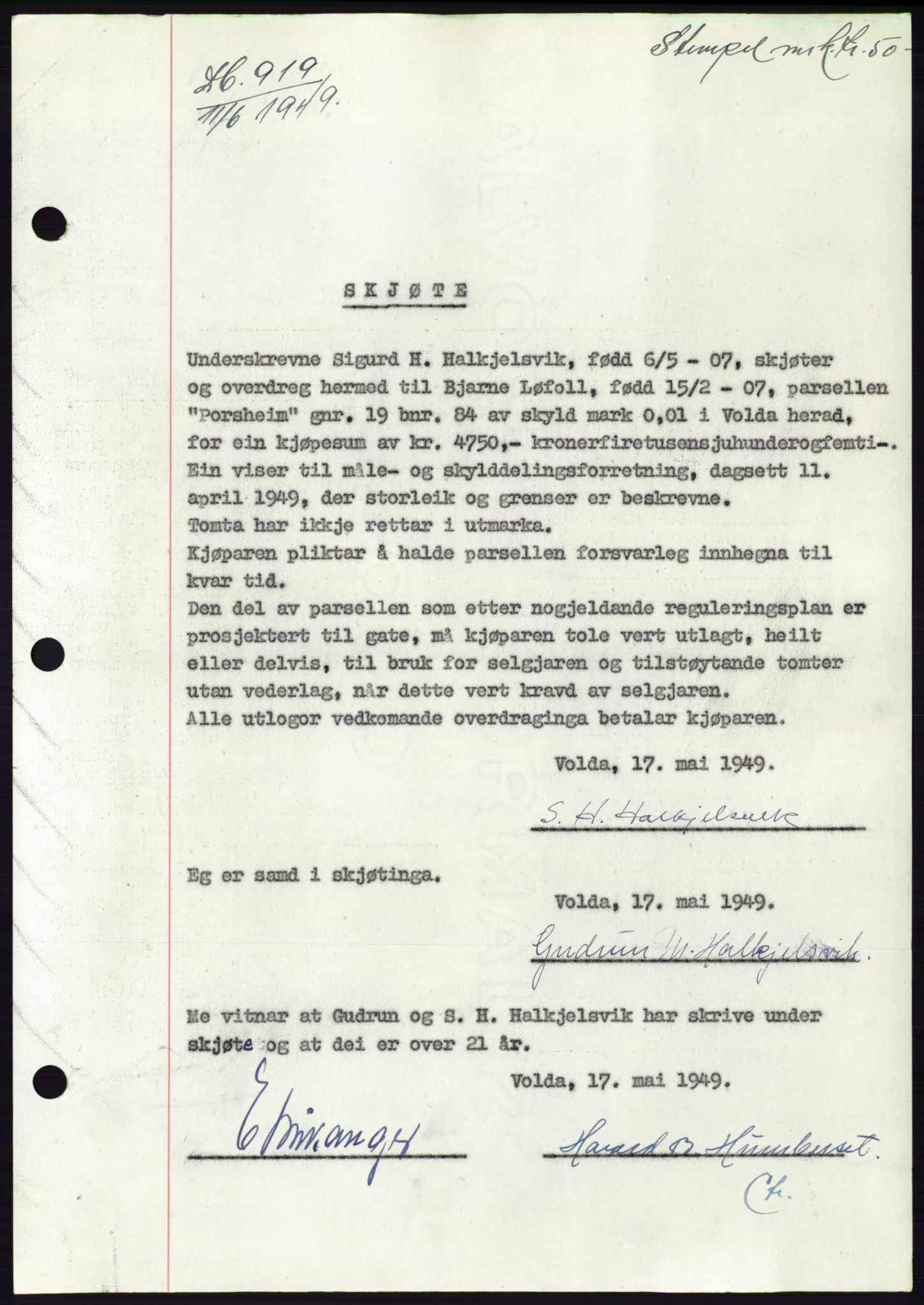 Søre Sunnmøre sorenskriveri, AV/SAT-A-4122/1/2/2C/L0084: Mortgage book no. 10A, 1949-1949, Diary no: : 919/1949