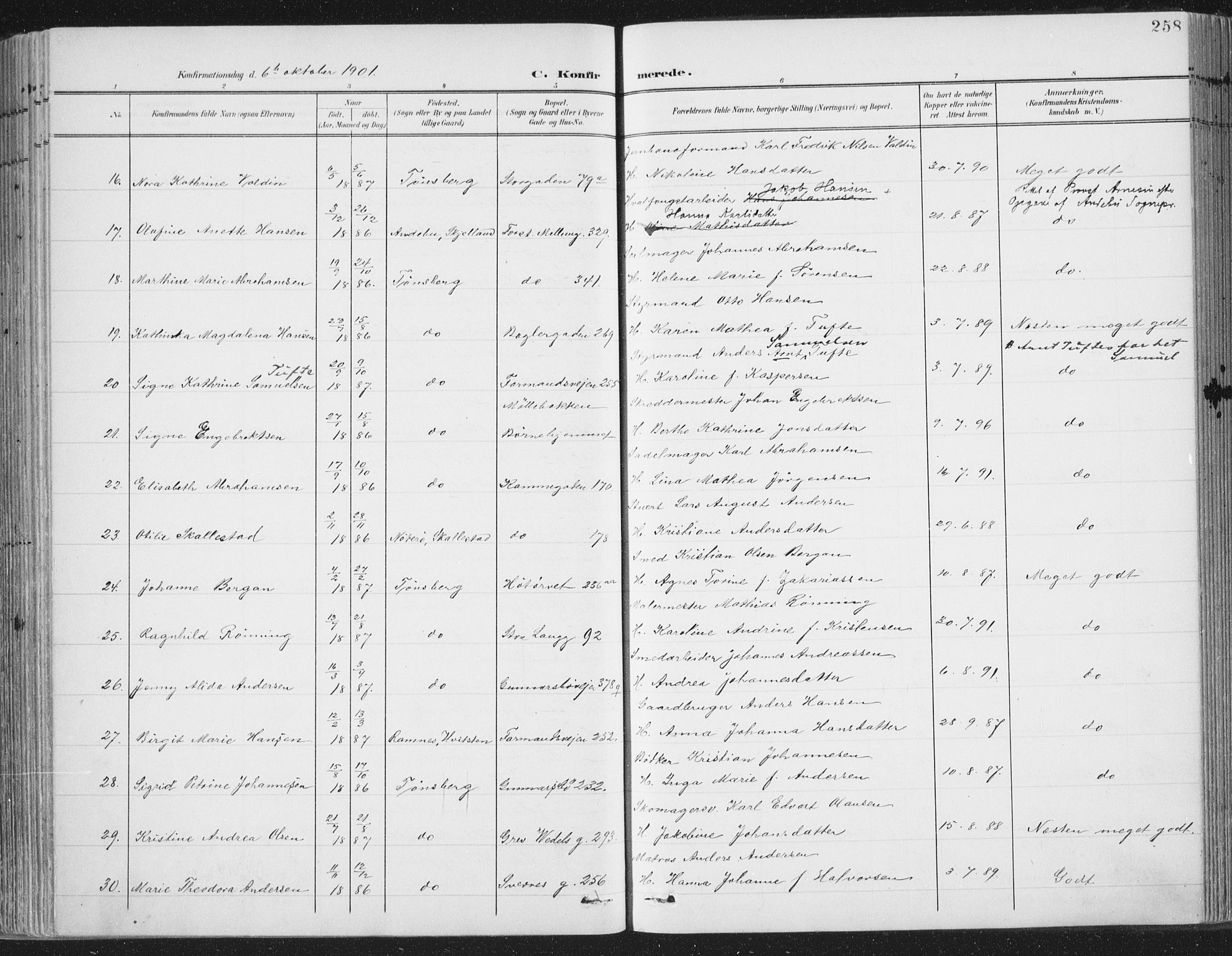 Tønsberg kirkebøker, AV/SAKO-A-330/F/Fa/L0014: Parish register (official) no. I 14, 1900-1913, p. 258