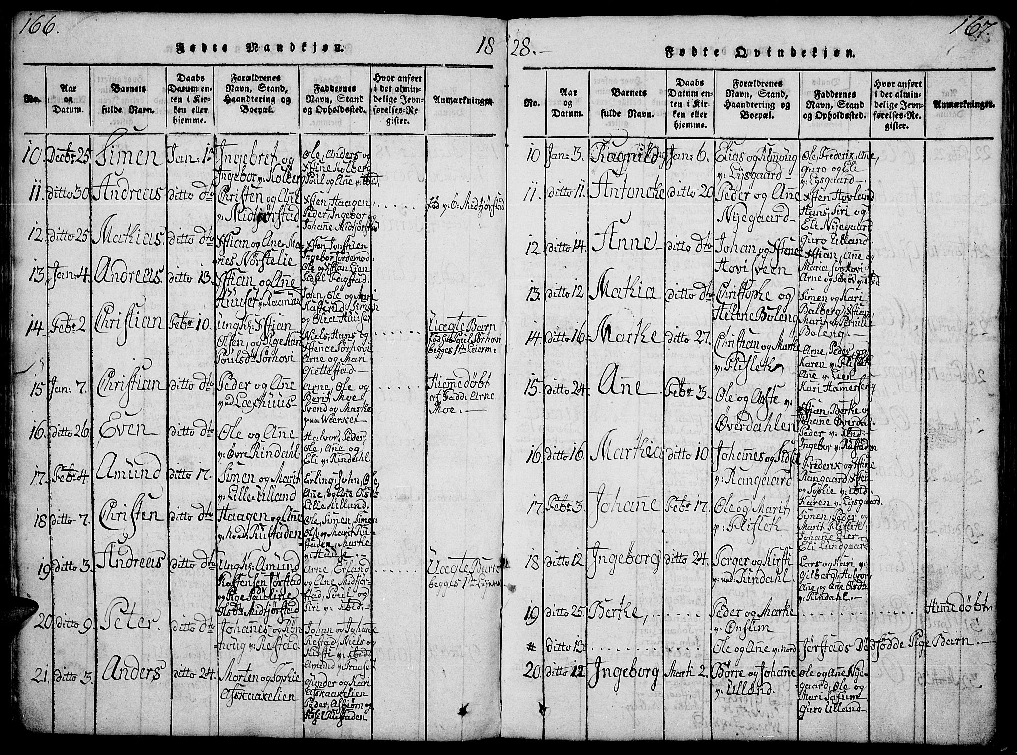 Fåberg prestekontor, SAH/PREST-086/H/Ha/Hab/L0004: Parish register (copy) no. 4, 1818-1837, p. 166-167