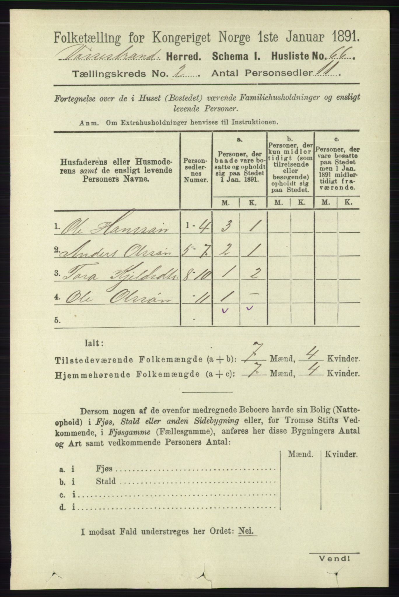 RA, 1891 census for 1236 Vossestrand, 1891, p. 707