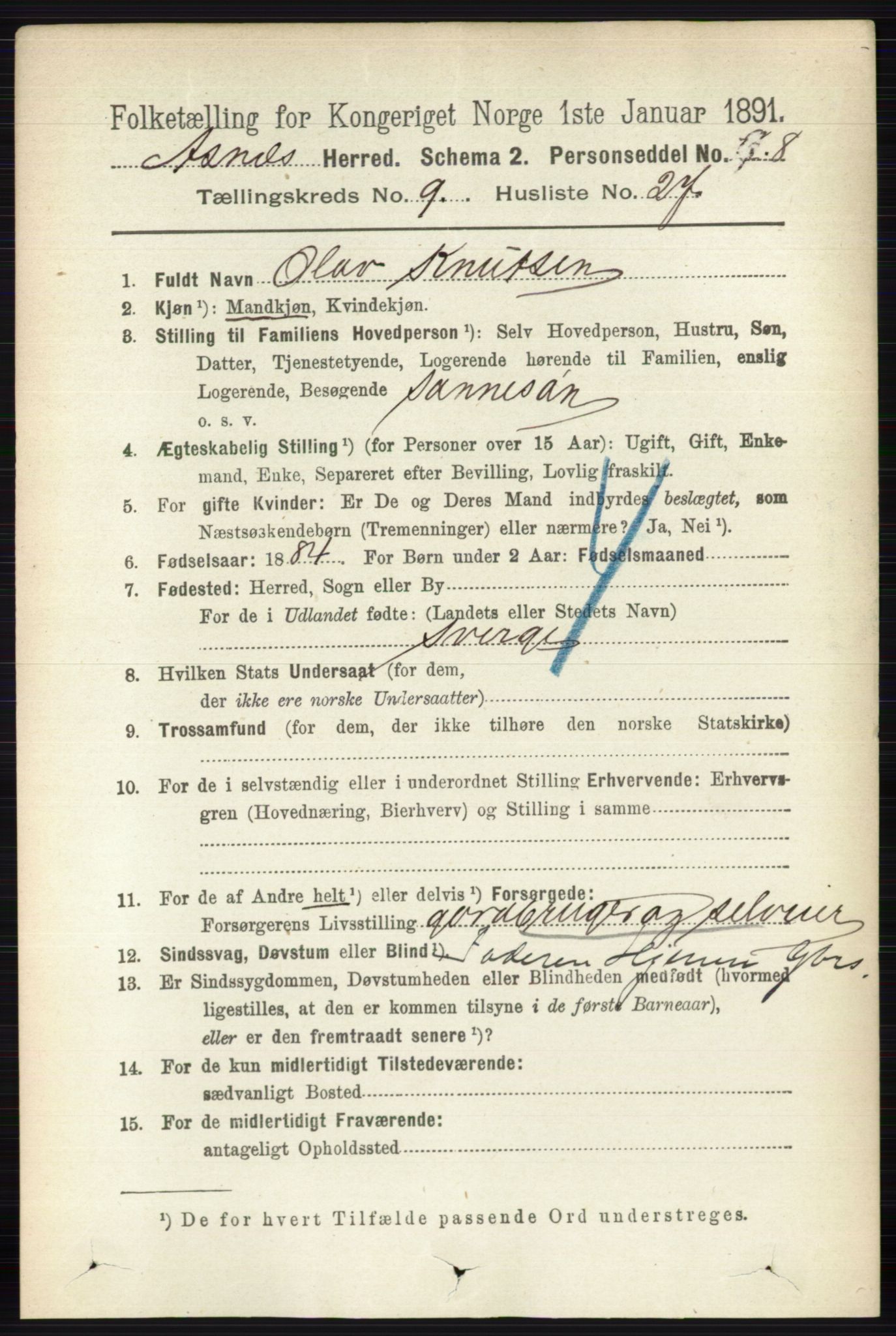 RA, 1891 census for 0425 Åsnes, 1891, p. 4758