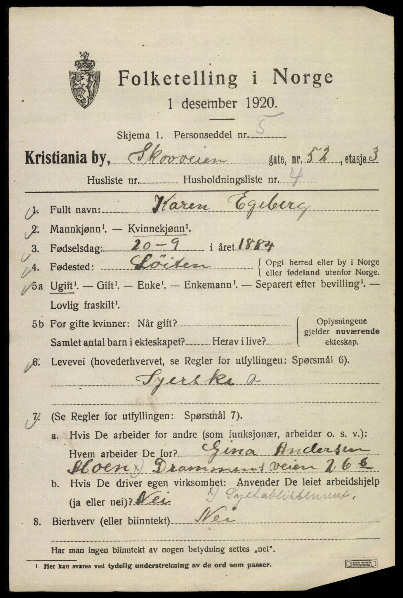 SAO, 1920 census for Kristiania, 1920, p. 517585