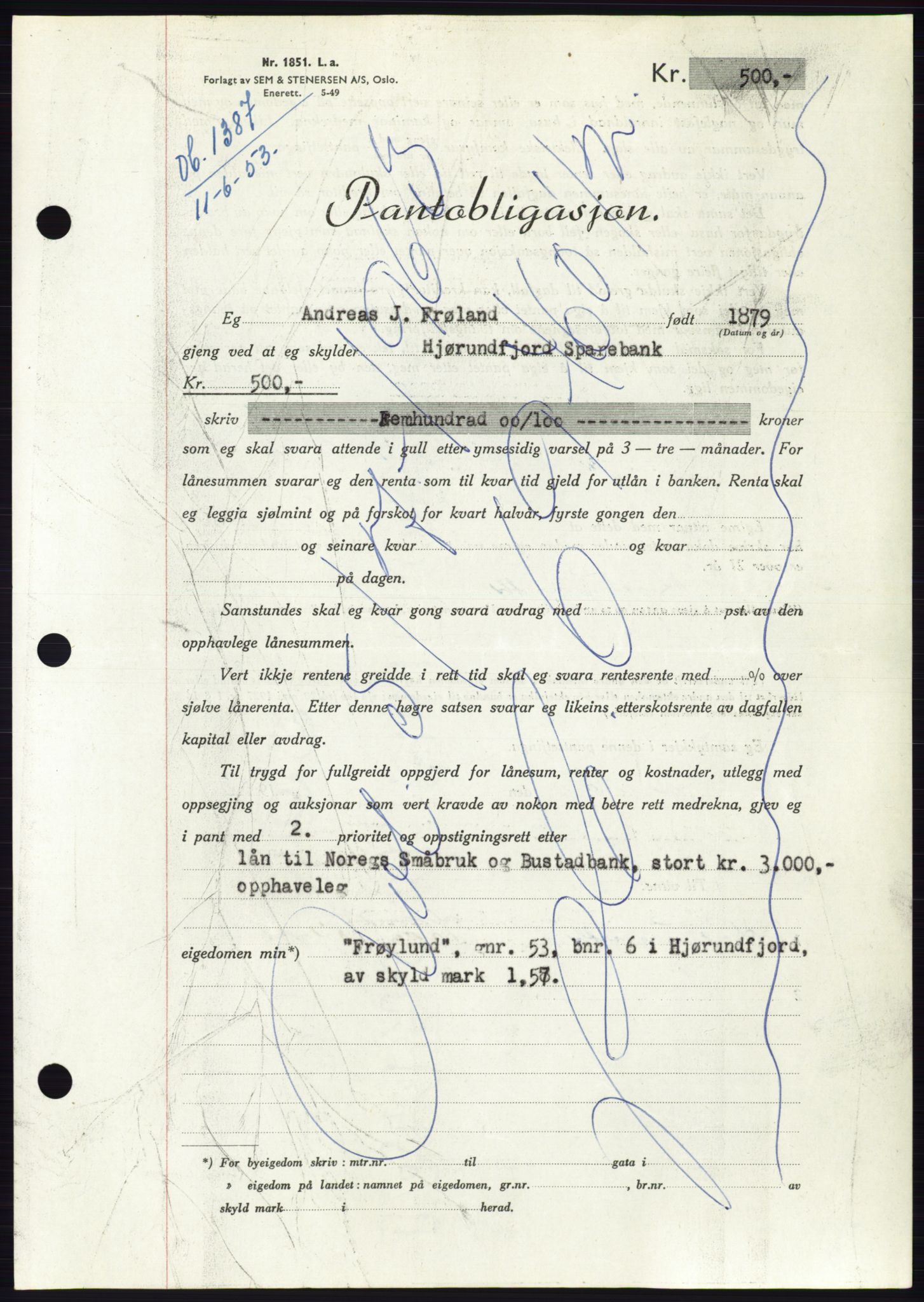 Søre Sunnmøre sorenskriveri, AV/SAT-A-4122/1/2/2C/L0123: Mortgage book no. 11B, 1953-1953, Diary no: : 1387/1953