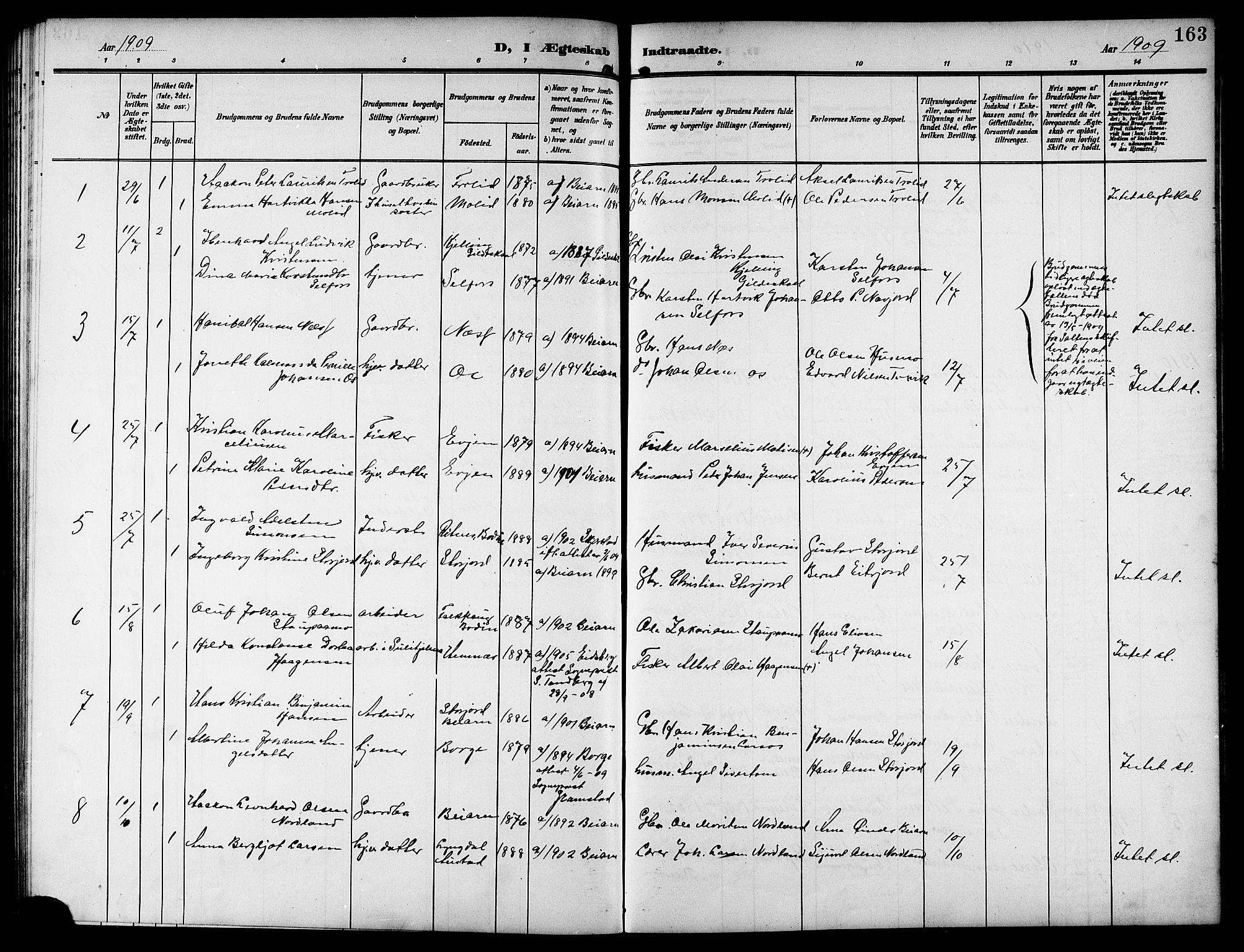 Ministerialprotokoller, klokkerbøker og fødselsregistre - Nordland, SAT/A-1459/846/L0655: Parish register (copy) no. 846C05, 1902-1916, p. 163