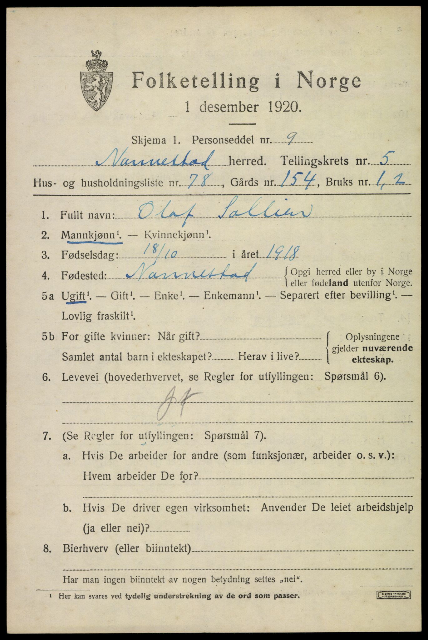 SAO, 1920 census for Nannestad, 1920, p. 7496