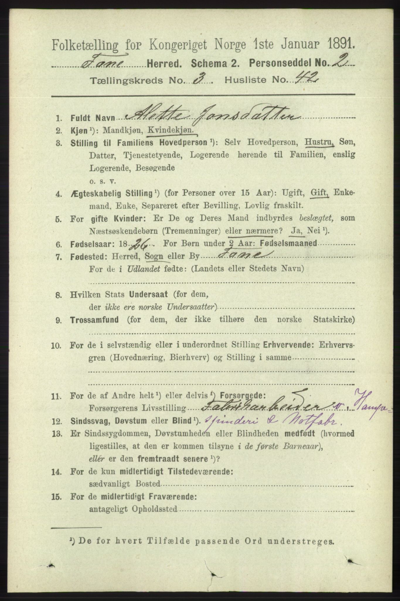 RA, 1891 census for 1249 Fana, 1891, p. 1259