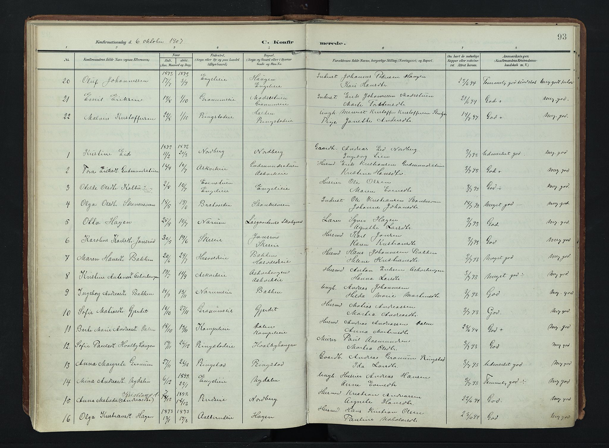 Søndre Land prestekontor, AV/SAH-PREST-122/K/L0007: Parish register (official) no. 7, 1905-1914, p. 93