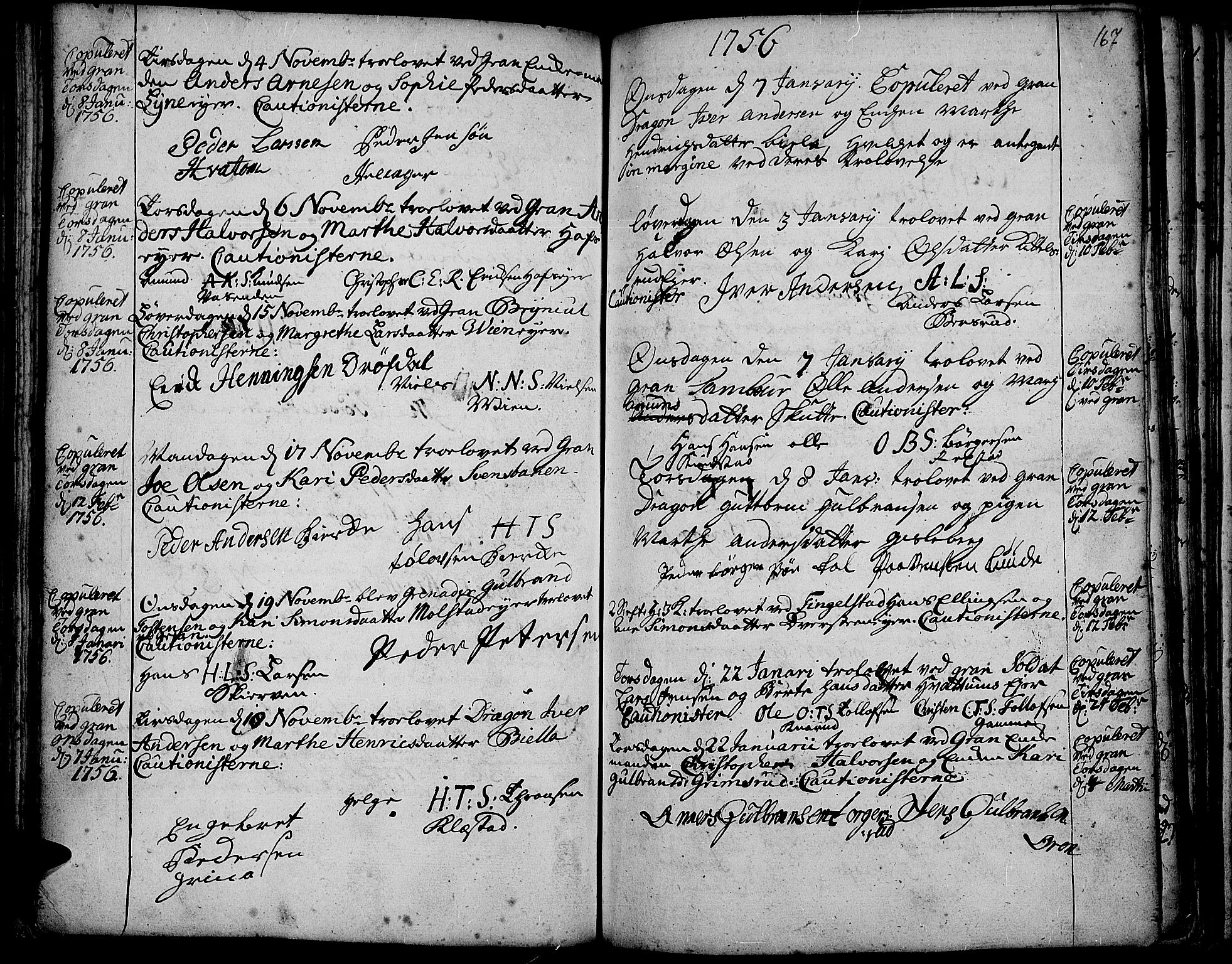 Gran prestekontor, SAH/PREST-112/H/Ha/Haa/L0003: Parish register (official) no. 3, 1745-1758, p. 167