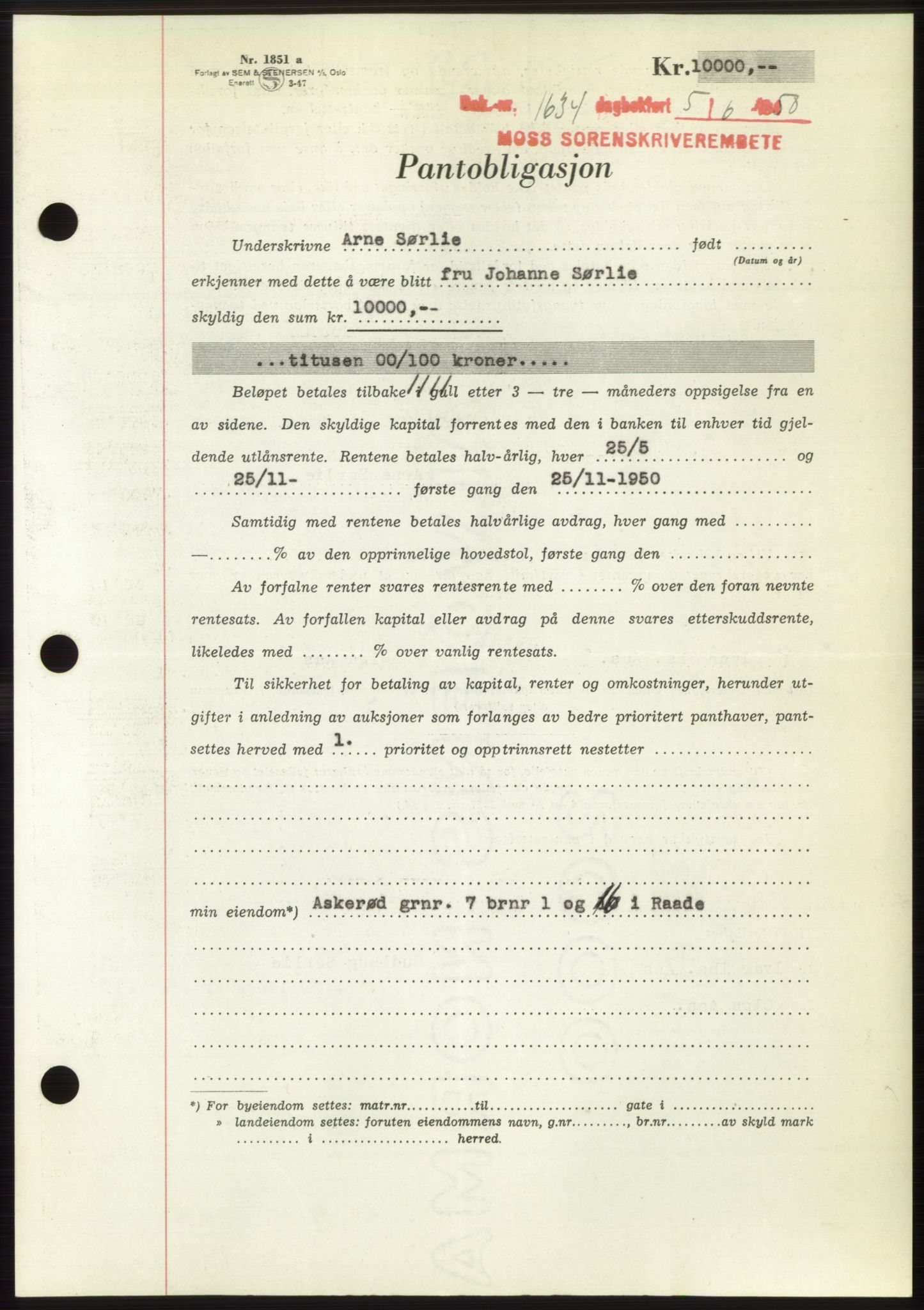 Moss sorenskriveri, AV/SAO-A-10168: Mortgage book no. B24, 1950-1950, Diary no: : 1634/1950