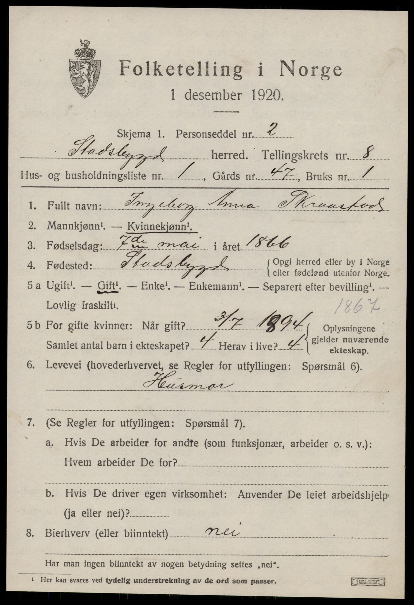 SAT, 1920 census for Stadsbygd, 1920, p. 3864