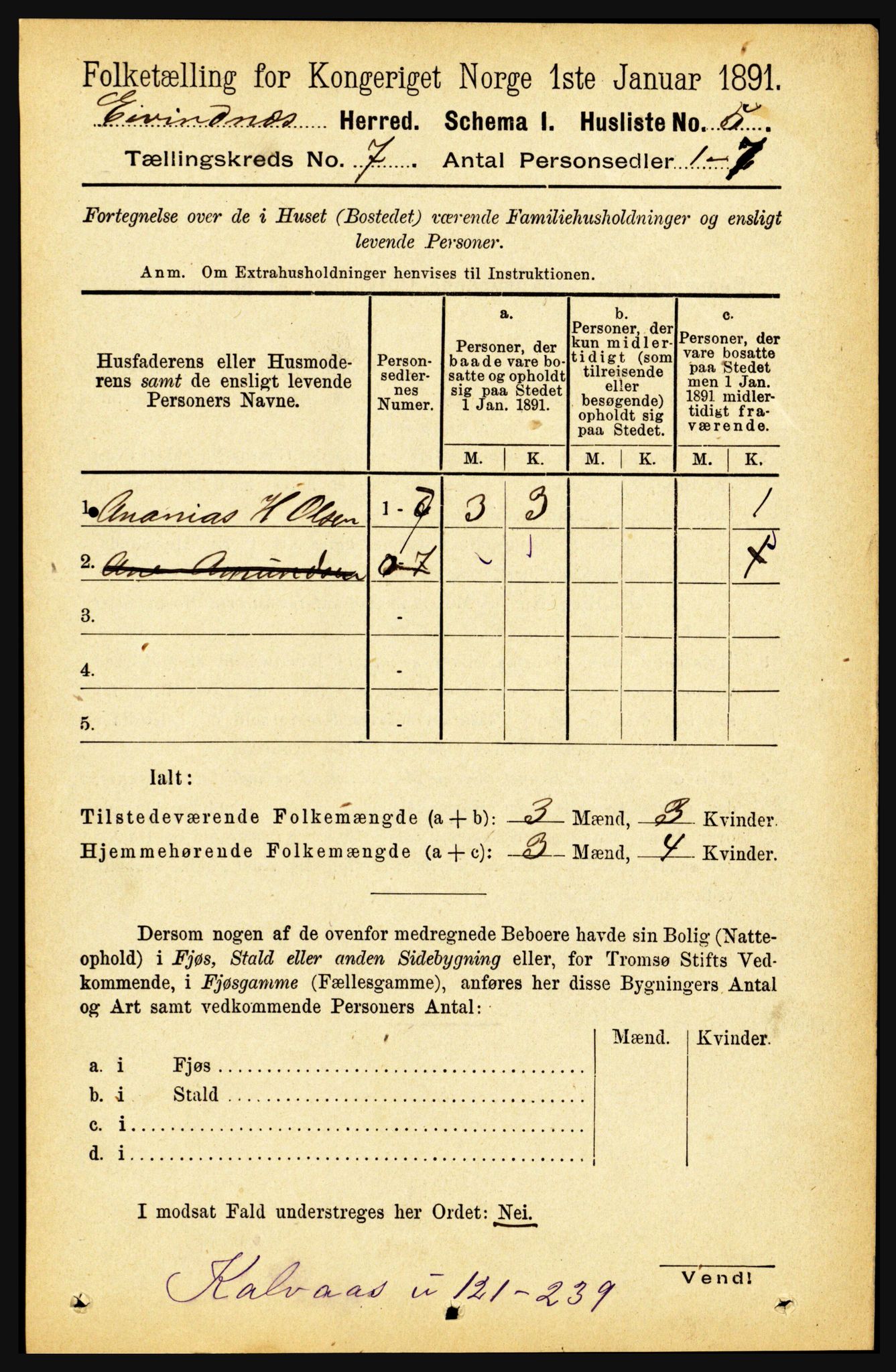 RA, 1891 census for 1853 Evenes, 1891, p. 2126