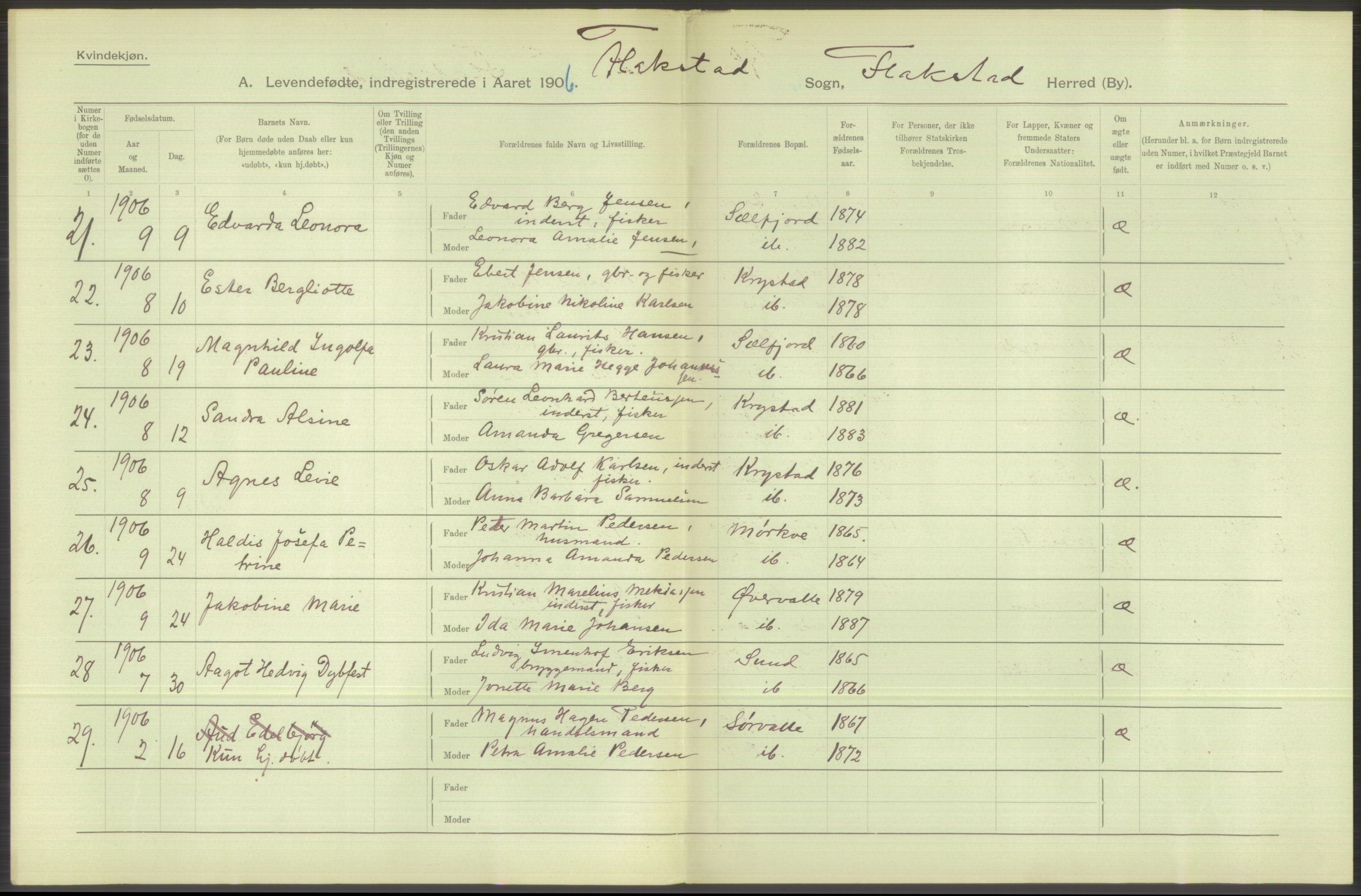 Statistisk sentralbyrå, Sosiodemografiske emner, Befolkning, AV/RA-S-2228/D/Df/Dfa/Dfad/L0044: Nordlands amt: Levendefødte menn og kvinner. Bygder., 1906, p. 84