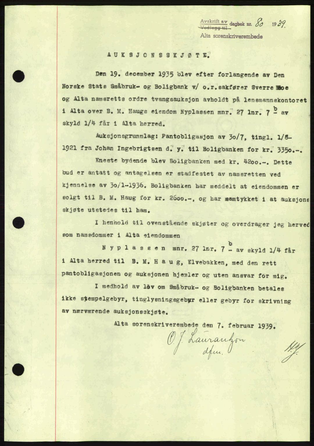 Alta fogderi/sorenskriveri, SATØ/SATØ-5/1/K/Kd/L0031pantebok: Mortgage book no. 31, 1938-1939, Diary no: : 80/1939