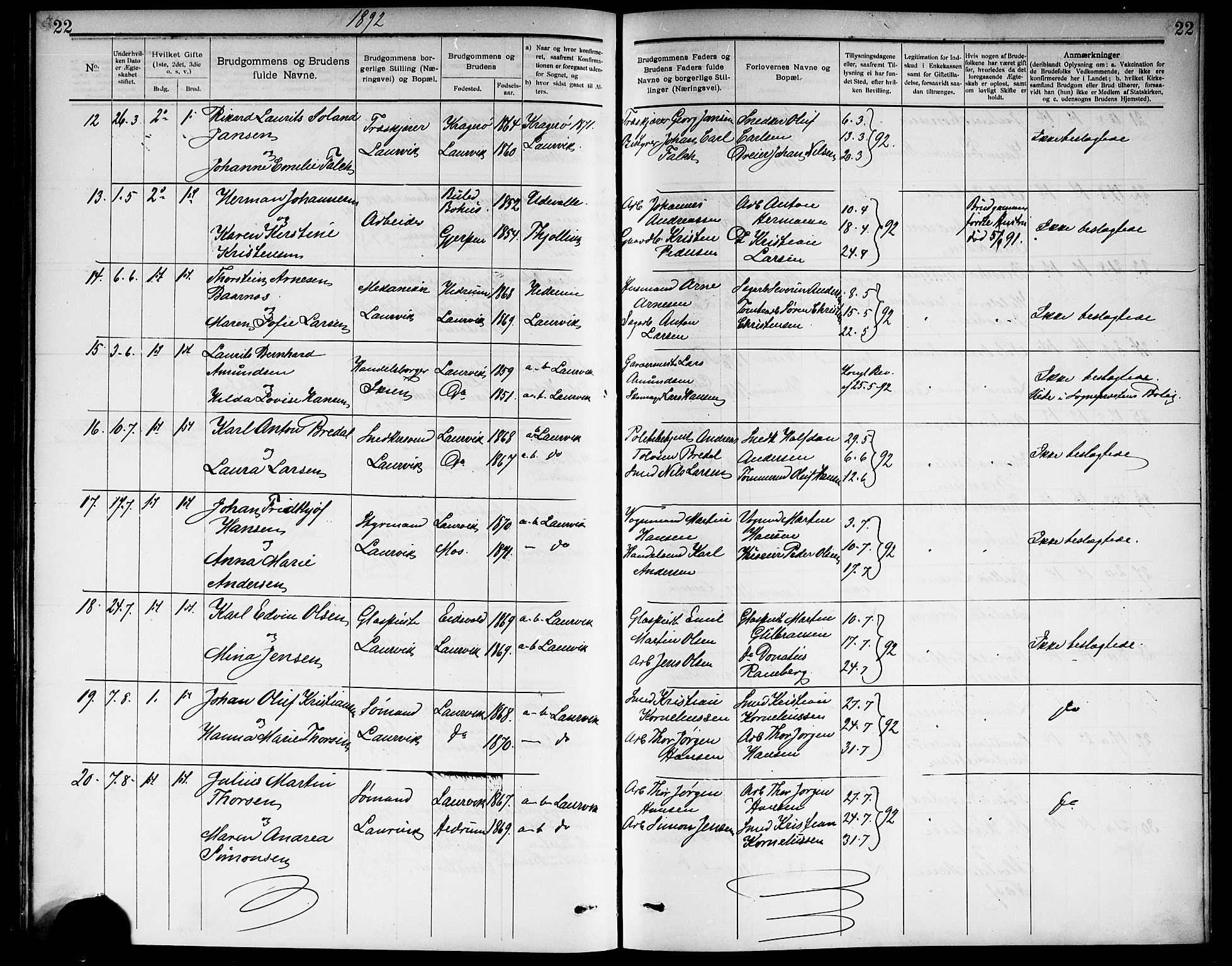 Larvik kirkebøker, SAKO/A-352/G/Ga/L0006: Parish register (copy) no. I 6, 1888-1917, p. 22