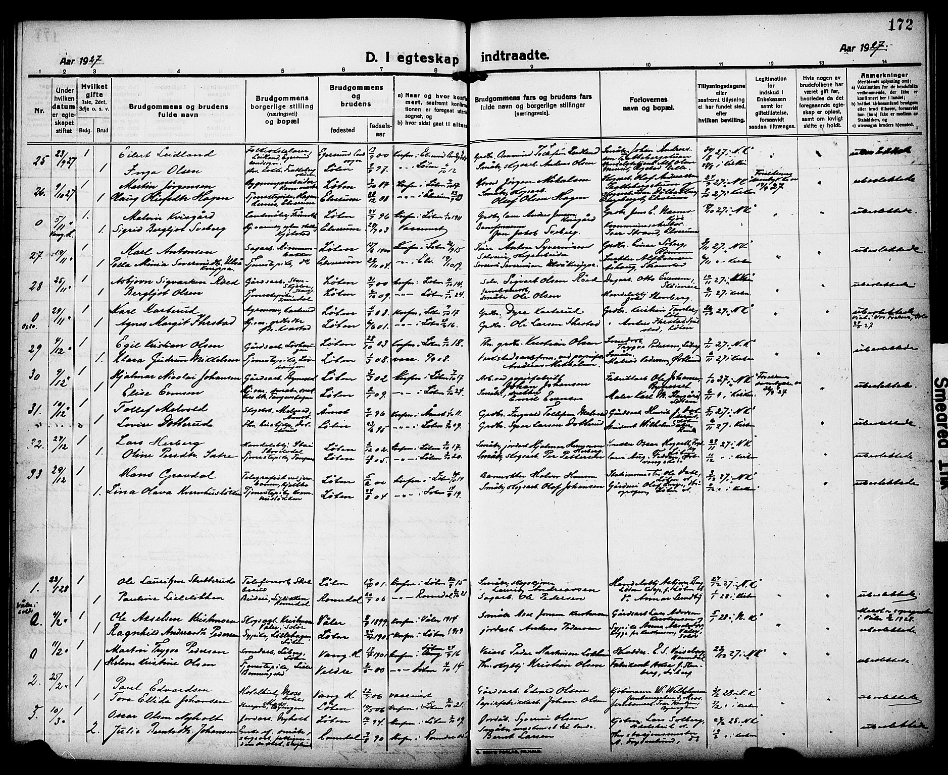 Løten prestekontor, AV/SAH-PREST-022/L/La/L0008: Parish register (copy) no. 8, 1920-1929, p. 172