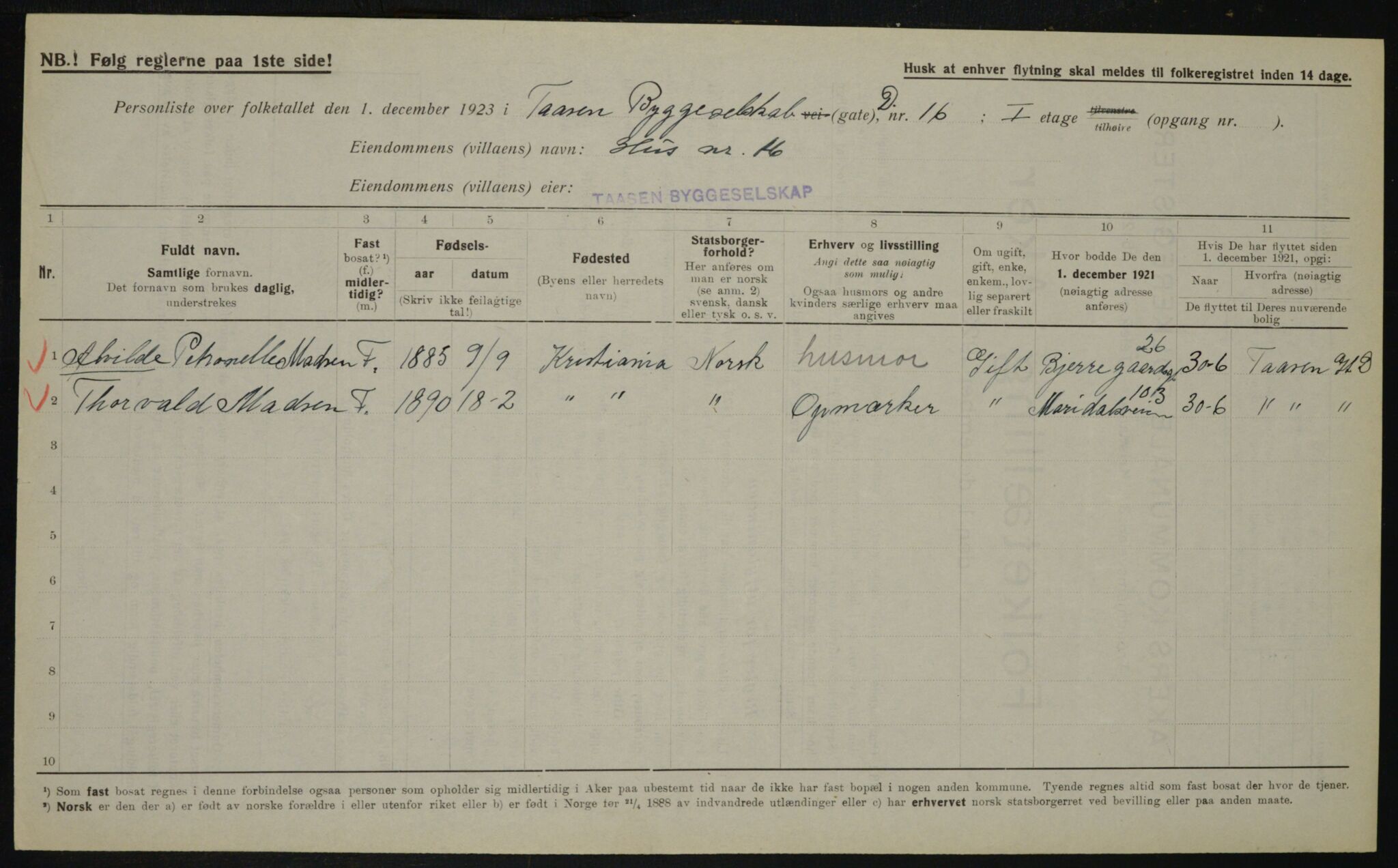 , Municipal Census 1923 for Aker, 1923, p. 19312