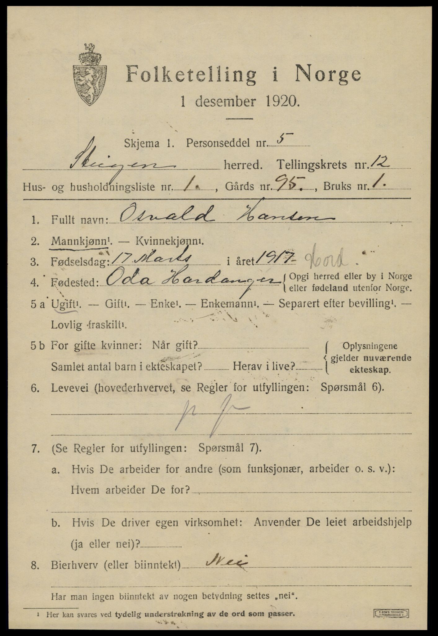 SAT, 1920 census for Steigen, 1920, p. 4772