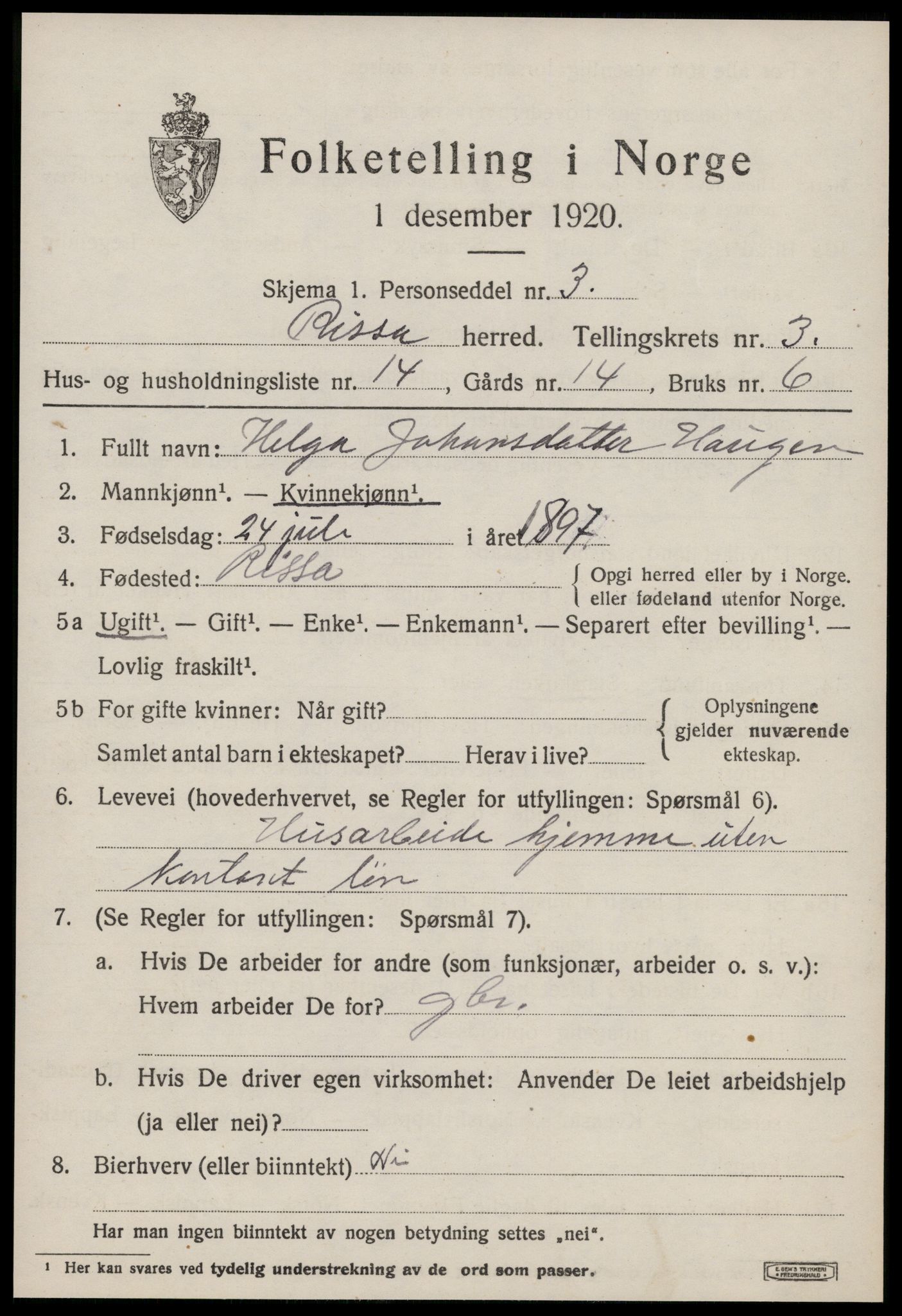 SAT, 1920 census for Rissa, 1920, p. 2663