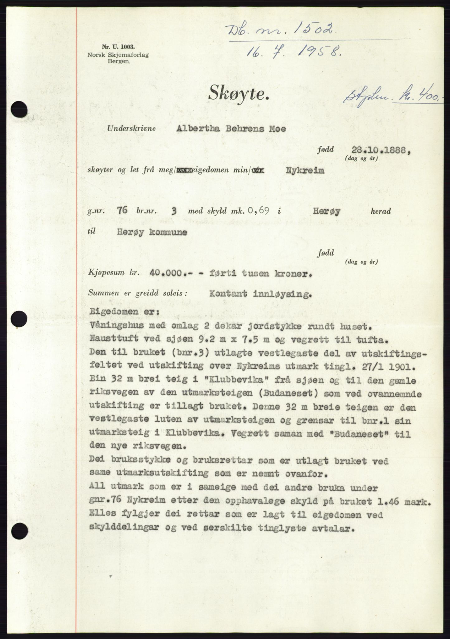 Søre Sunnmøre sorenskriveri, AV/SAT-A-4122/1/2/2C/L0110: Mortgage book no. 36A, 1958-1958, Diary no: : 1502/1958