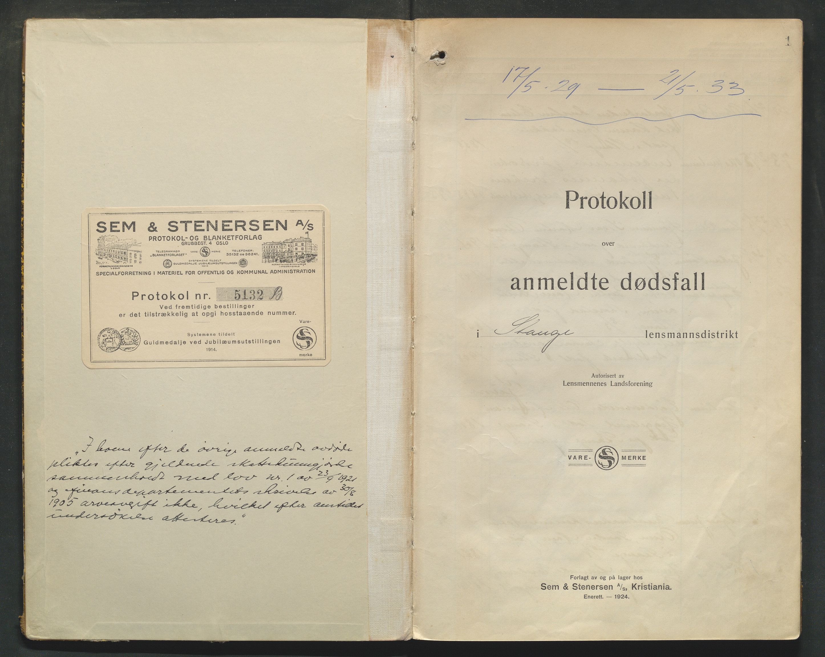 Stange lensmannskontor, AV/SAH-LHS-020/H/Ha/Haa/L0002/0001: Dødsfallsprotokoller / Dødsfallsprotokoll, 1929-1933, p. 1