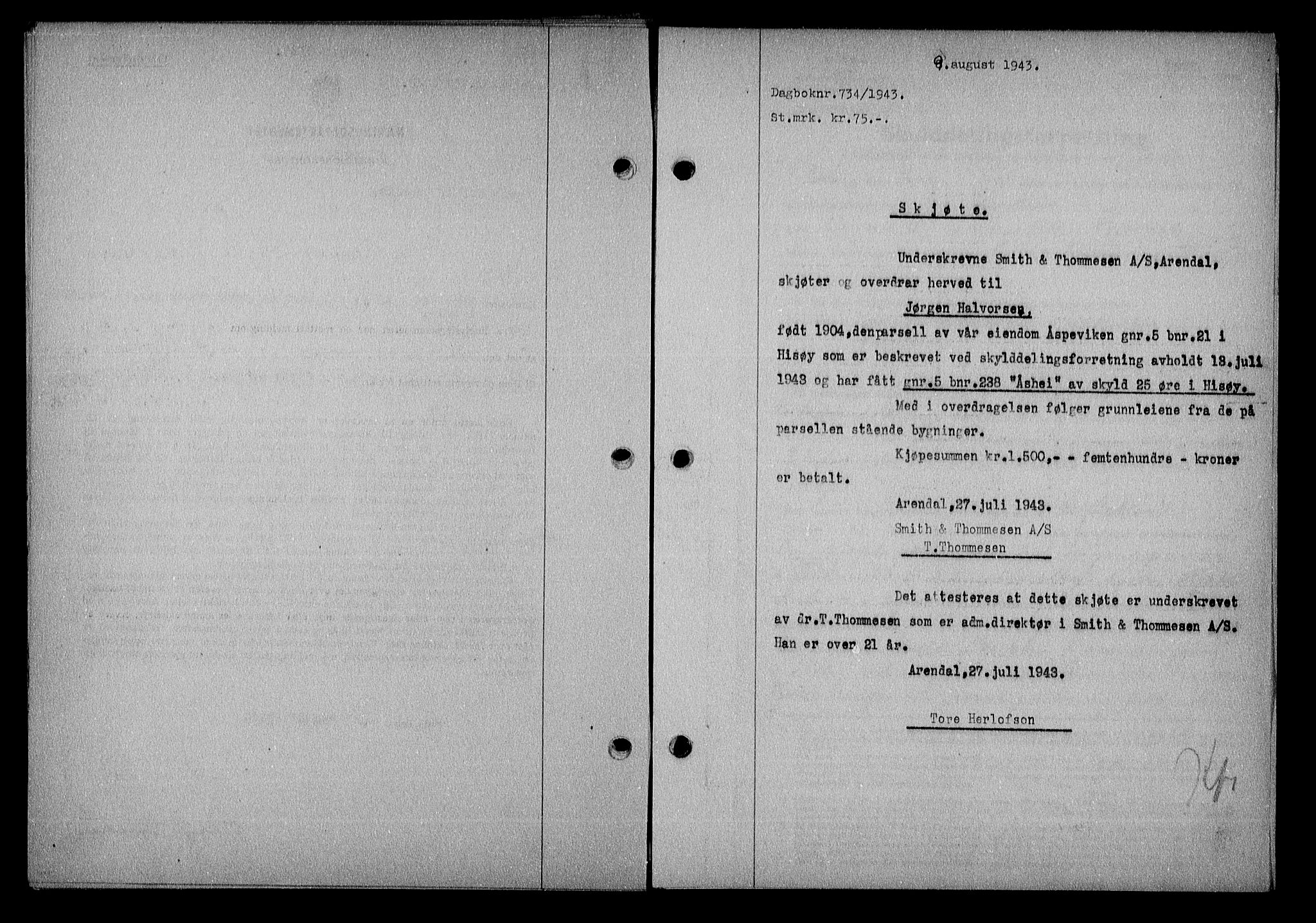 Nedenes sorenskriveri, SAK/1221-0006/G/Gb/Gba/L0051: Mortgage book no. A-V, 1943-1944, Diary no: : 734/1943