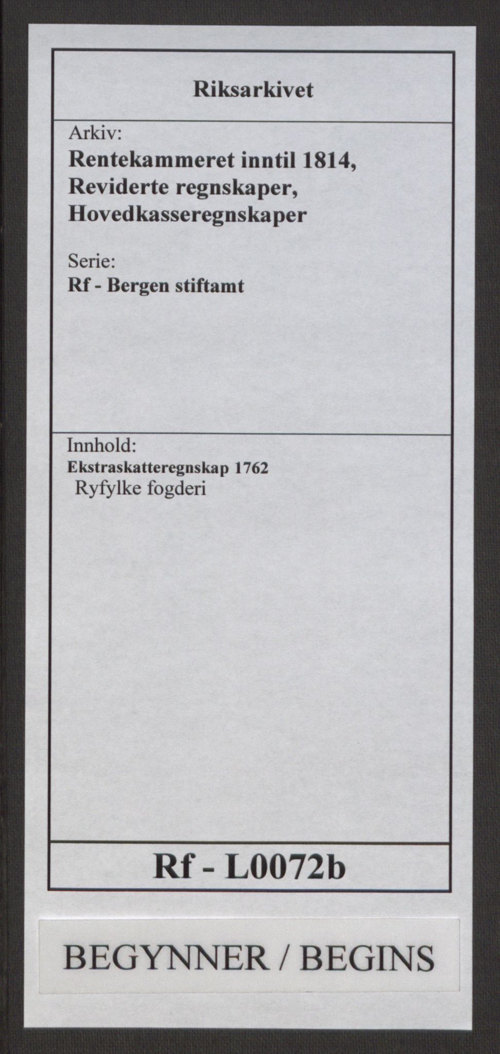 Rentekammeret inntil 1814, Reviderte regnskaper, Hovedkasseregnskaper, RA/EA-4065/Rf/L0072b: Ekstraskatteregnskap, 1762, p. 1